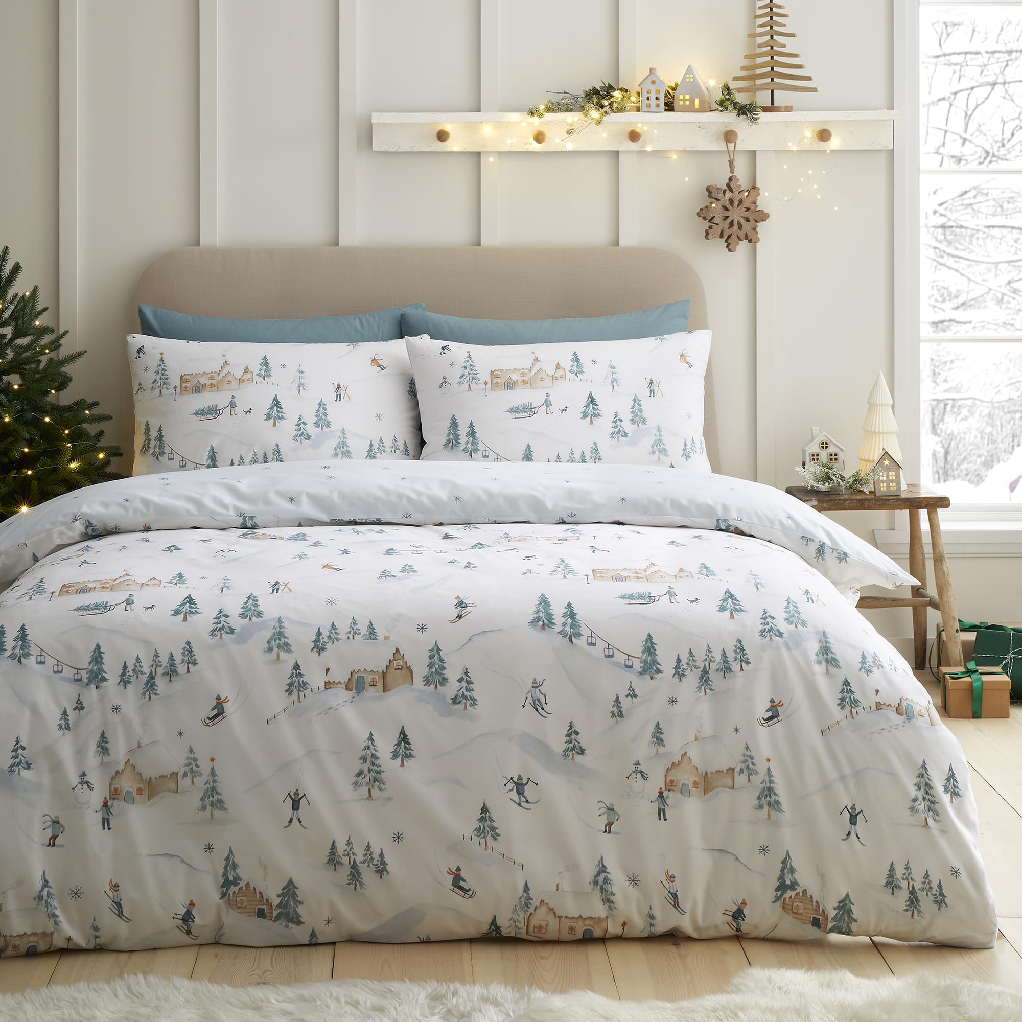 Dreams & Drapes Duvet Cover Set King – Ski Villages Design – Polycotton Bedding – Natural with Scenic Ski Village Print – Includes 1 Duvet Cover (230 x 220cm) & 2 Pillowcases (50 x 75cm)