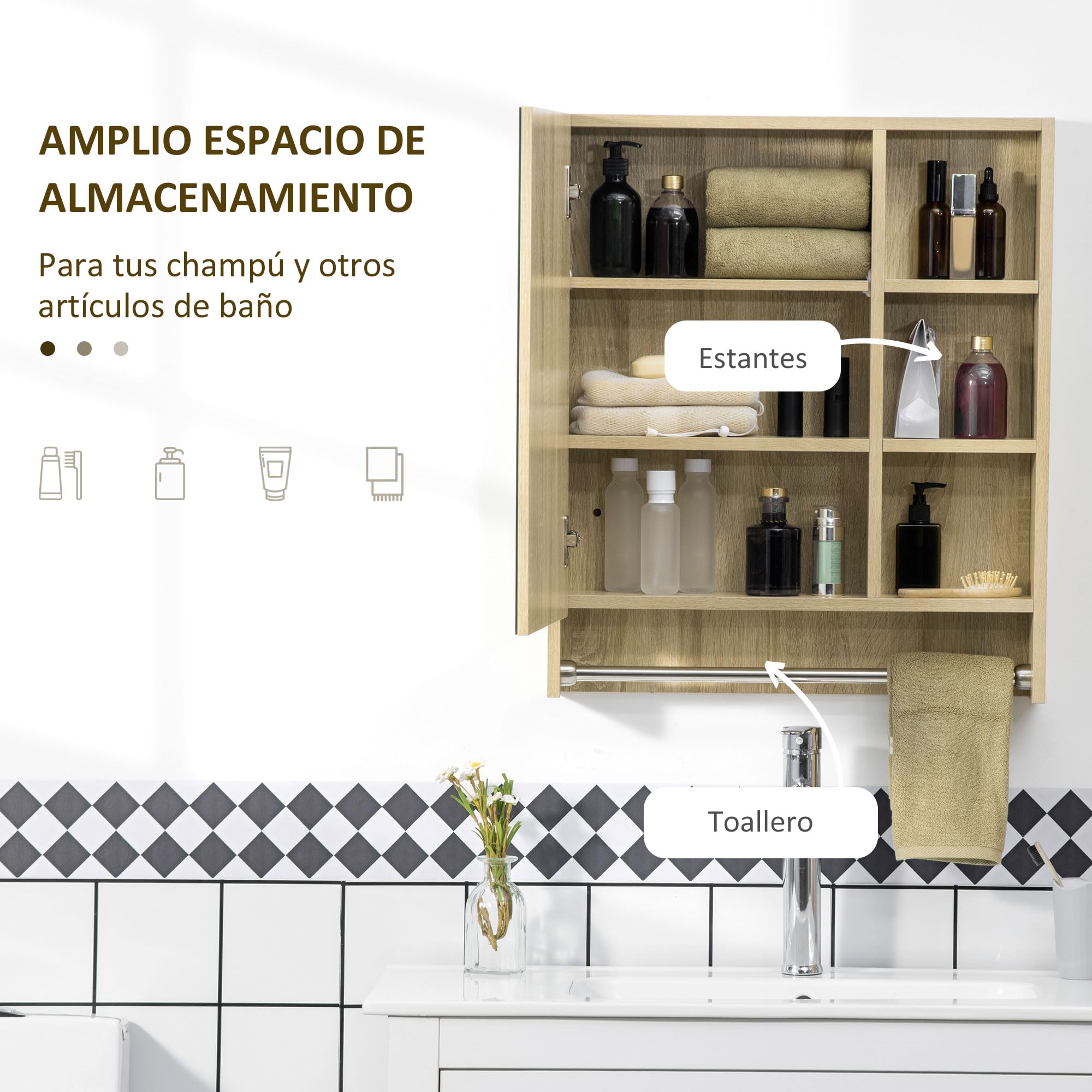 kleankin Armario de Baño con Espejo Armario de Pared con 1 Puerta Estante Ajustable Toallero y Compartimento Mueble de Baño Colgante para Salón 60x15x70 cm Roble