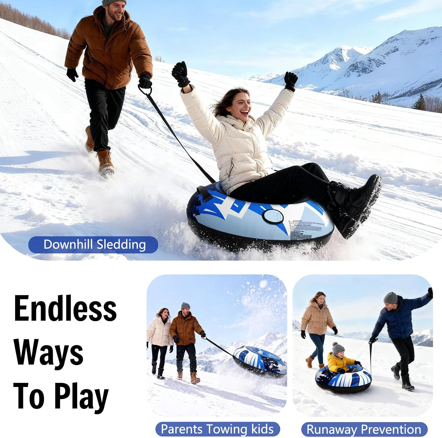 Snow Tube Sled with Premium Canvas Cover, Heavy Duty Snow Tubes for Sledding, 47" Inflatable Snow Sled for Kids & Adults, Towable Design with Reinforced Bottom Protection Layer, Winter Outdoor Fun