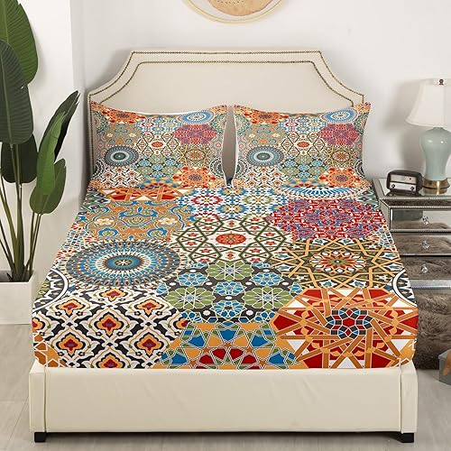 Miniatura 3 de Erosebridal Juego de sábanas de flores de retazos, tamaño King, estilo marroquí, colorido, bohemio, exótico, juego de ropa de cama suave y