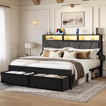 LARMACE Full Size Bed Frame with 2 Storage Drawers, Upholstered Headboard, LED Light & Charging Station, Metal Platform Bed Frame, No Box Spring Needed, Easy Assembly, Black Oak