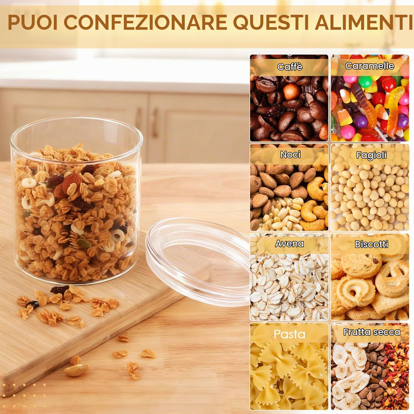 FoiiLiio Barattoli Vetro con Coperchio 700ml Set di 6 Barattolo Vetro con Coperchio in Trasparente- Φ10x10cm Barattoli Cucina Vetro Ermetici, Contenitori Vetro per Spezie, Noci, Cereali