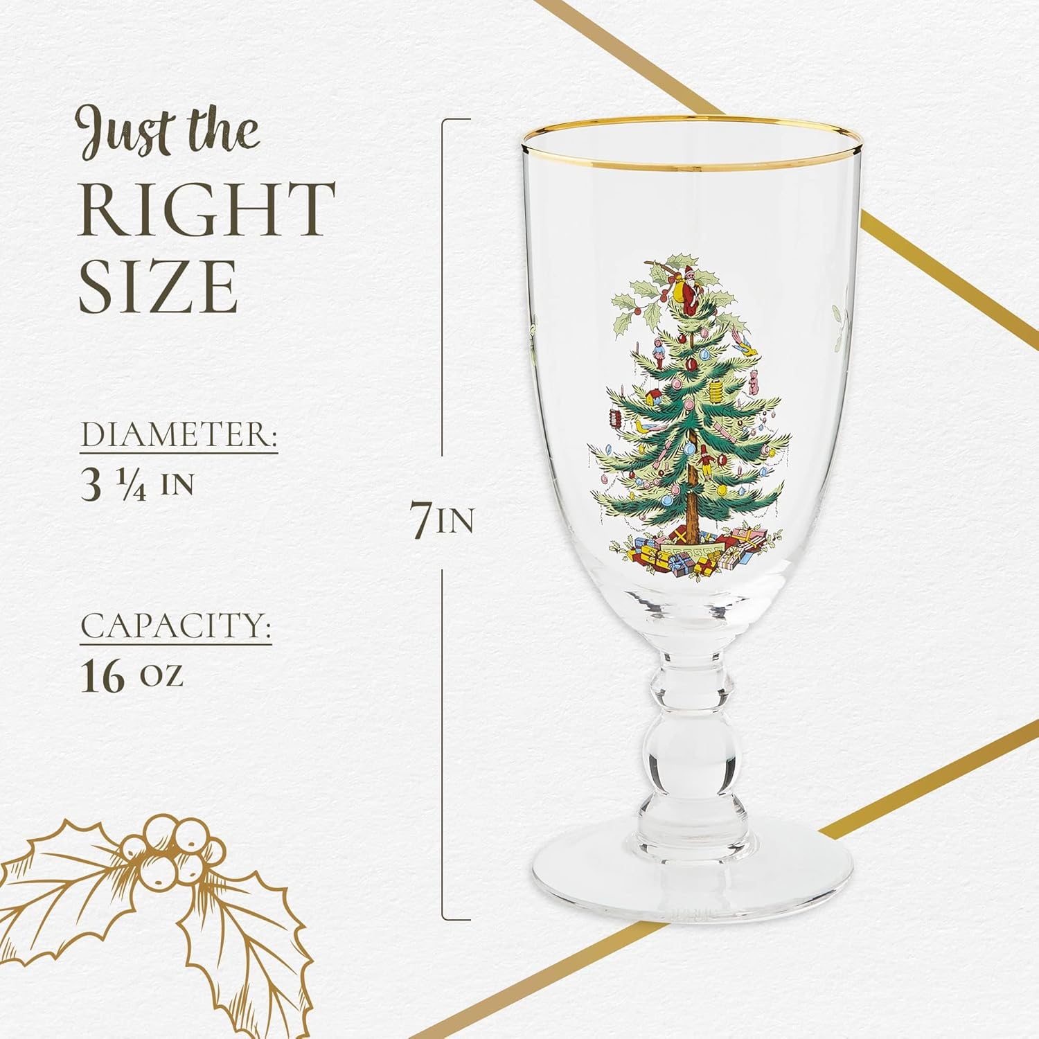 Spode Christmas Tree Gold 16oz Pedestal Goblets (Set of 4) - Gold Rimmed Glasses, Festive Holiday Drinkware for Christmas Dinner, Wedding Gifts - Holiday Glassware for Wine, Cocktails & Martinis