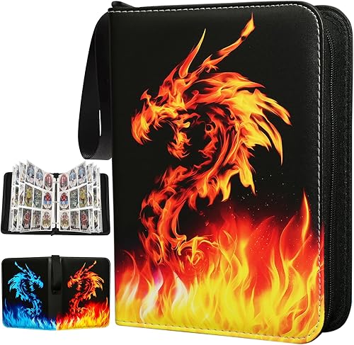 Miniatura 8 de Carpeta de tarjetas con diseño de dragón de fuego, carpeta de tarjetas coleccionables de 4 bolsillos con cremallera, capacidad para 440, 55 páginas