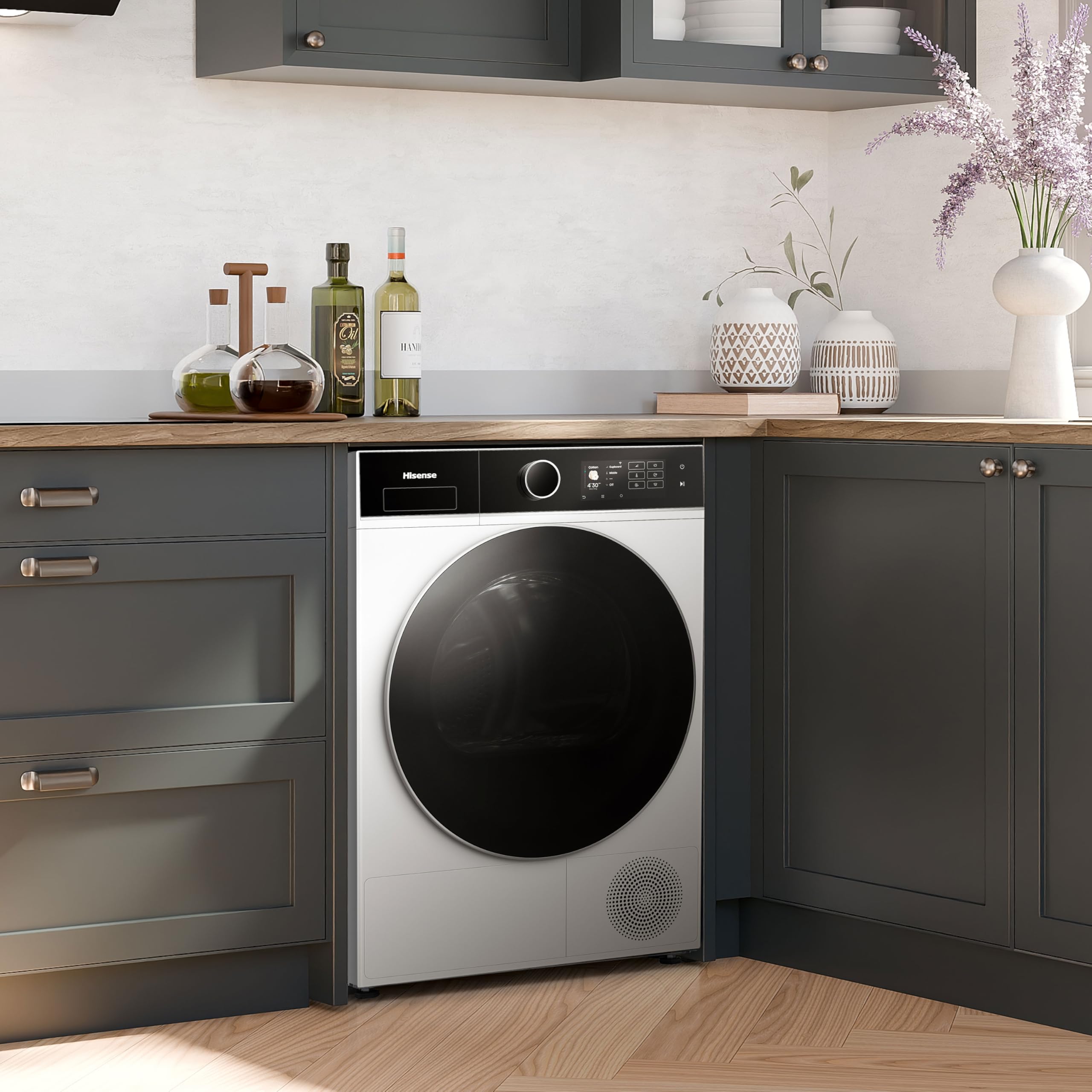 Hisense DH5I104BWAB Wäschetrockner, Wärmepumpe, Kapazität 10 kg, Klasse A, Innenbeleuchtung, Glastür, Breite 59,5 cm, Höhe 84,5 cm, Tiefe 64 cm, Weiß
