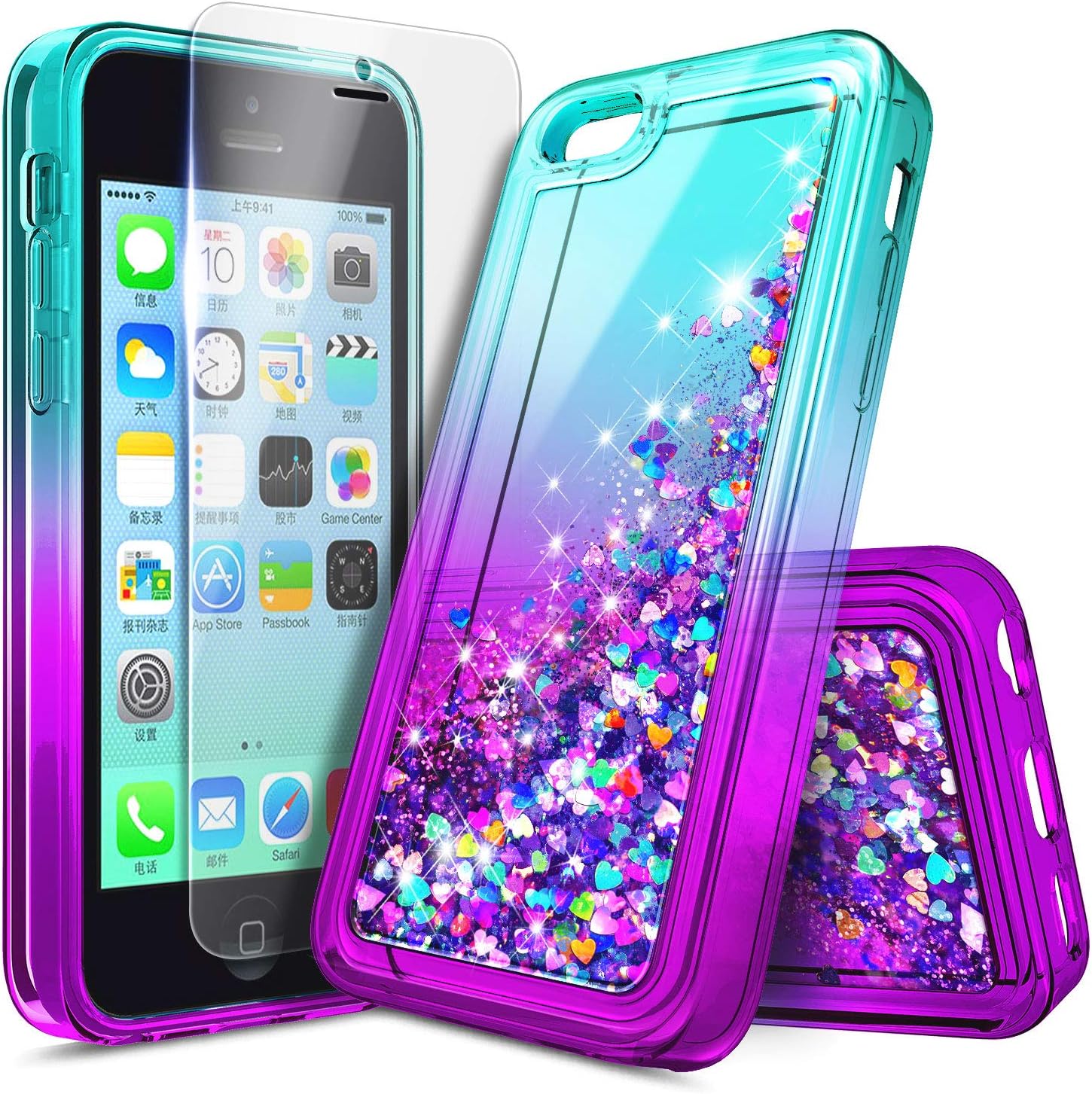 iPhone 4S / iPhone 4 Case with Screen Protector for Girls Kids Women, NageBee Glitter Liquid Quicksand Waterfall Floating Sparkle Shiny Bling Diamond Cute Case for iPhone 4/4S -Aqua/Purple