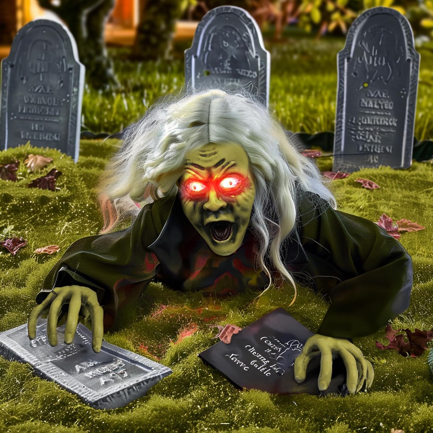 Hourleey Halloween Outdoor Decorations, Animated Zombie Groundbreaker Climbing Prop with Lighted Eyes and Scary Sound, Halloween Decor for Graveyard Haunted House Indoor Lawn Yard