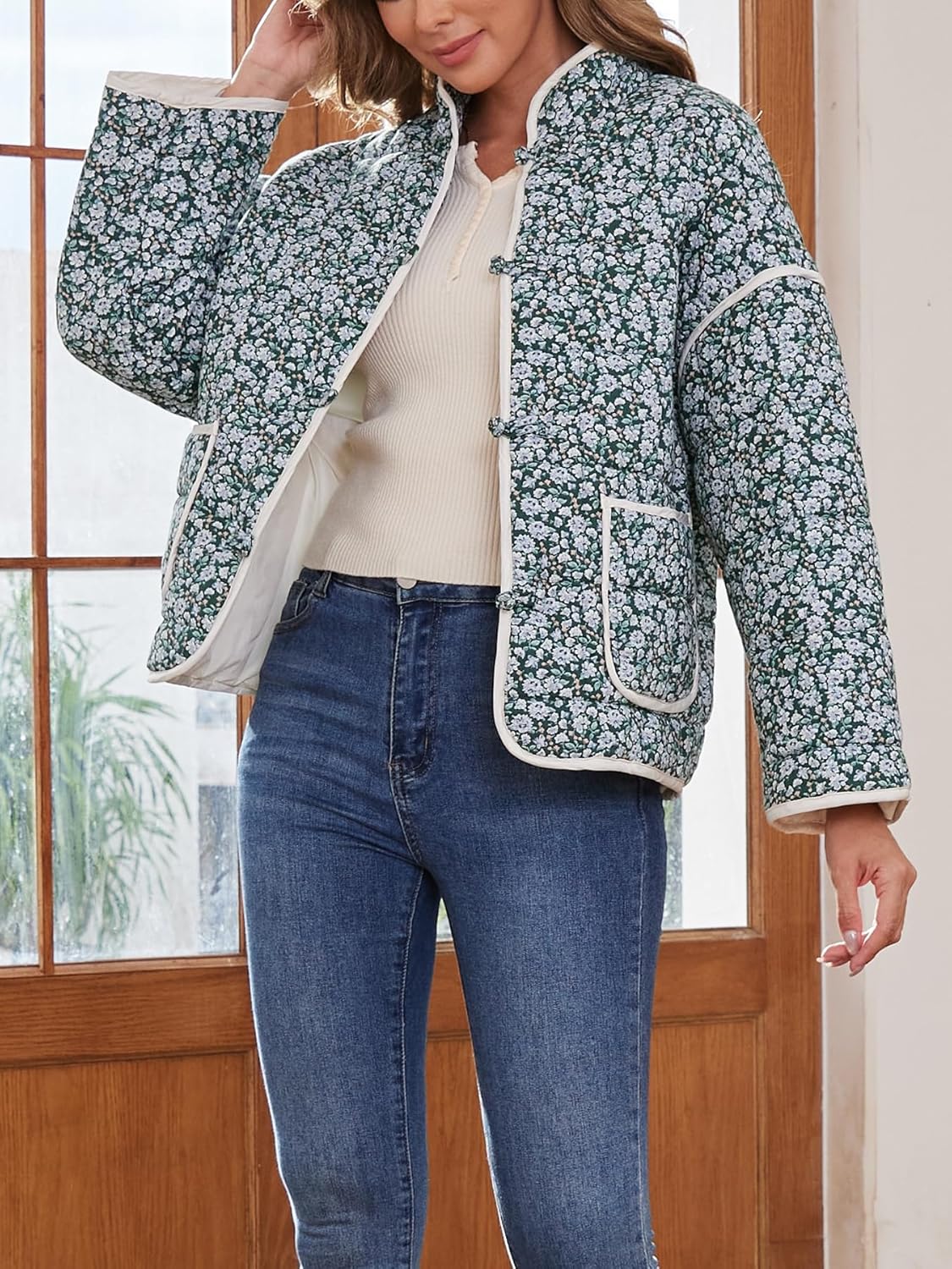 Muchpow Women's Cropped Quilted Puffer Jacket Floral Print Lightweight Long Sleeve Winter Coat Outwear - Image 3