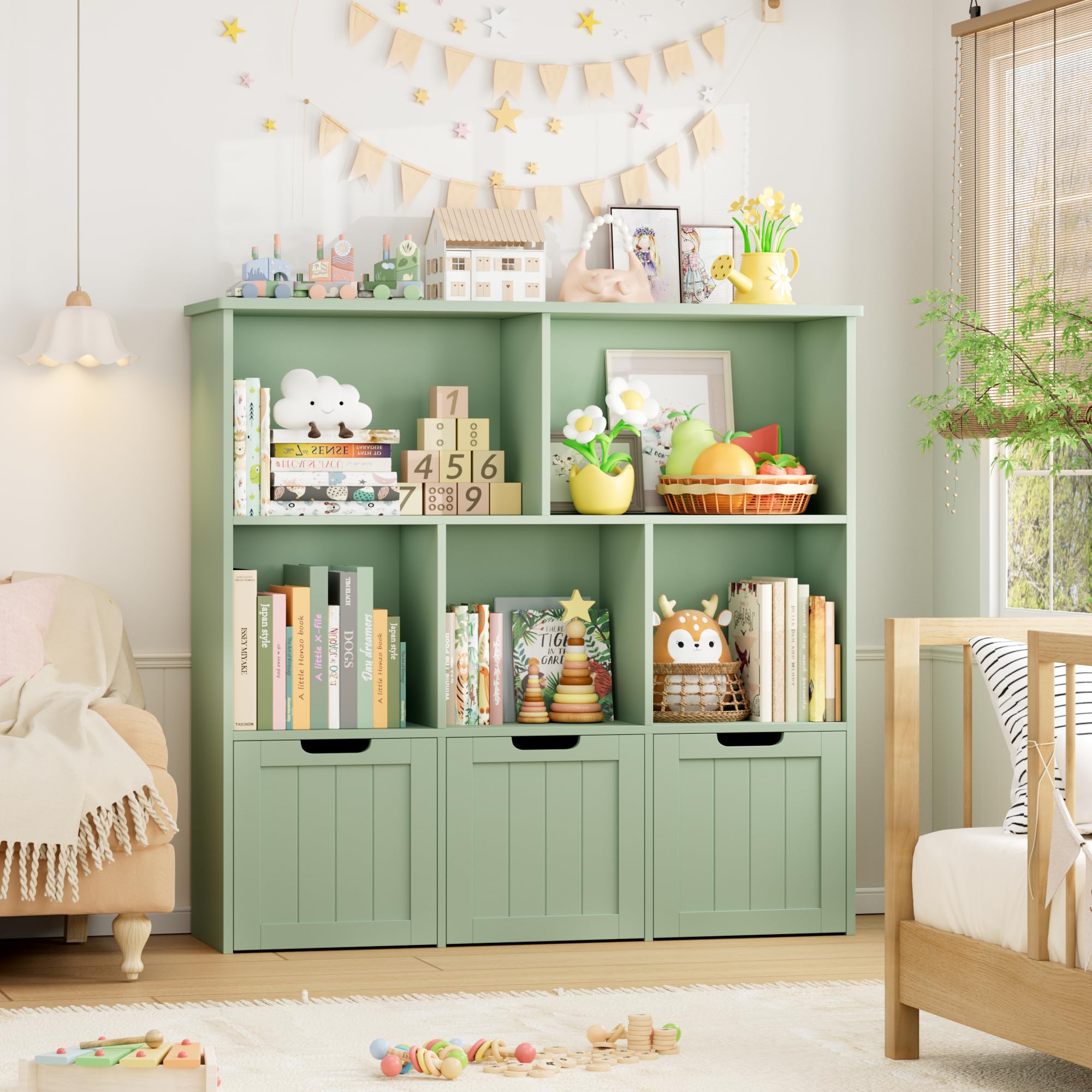 FOTOSOK Toy Storage Organizer with 3 Movable Drawers, Toy Organizer with Hidden Wheels and 5 Open Cubbies, Multifunctional Floor Storage Chest for Playroom, Green