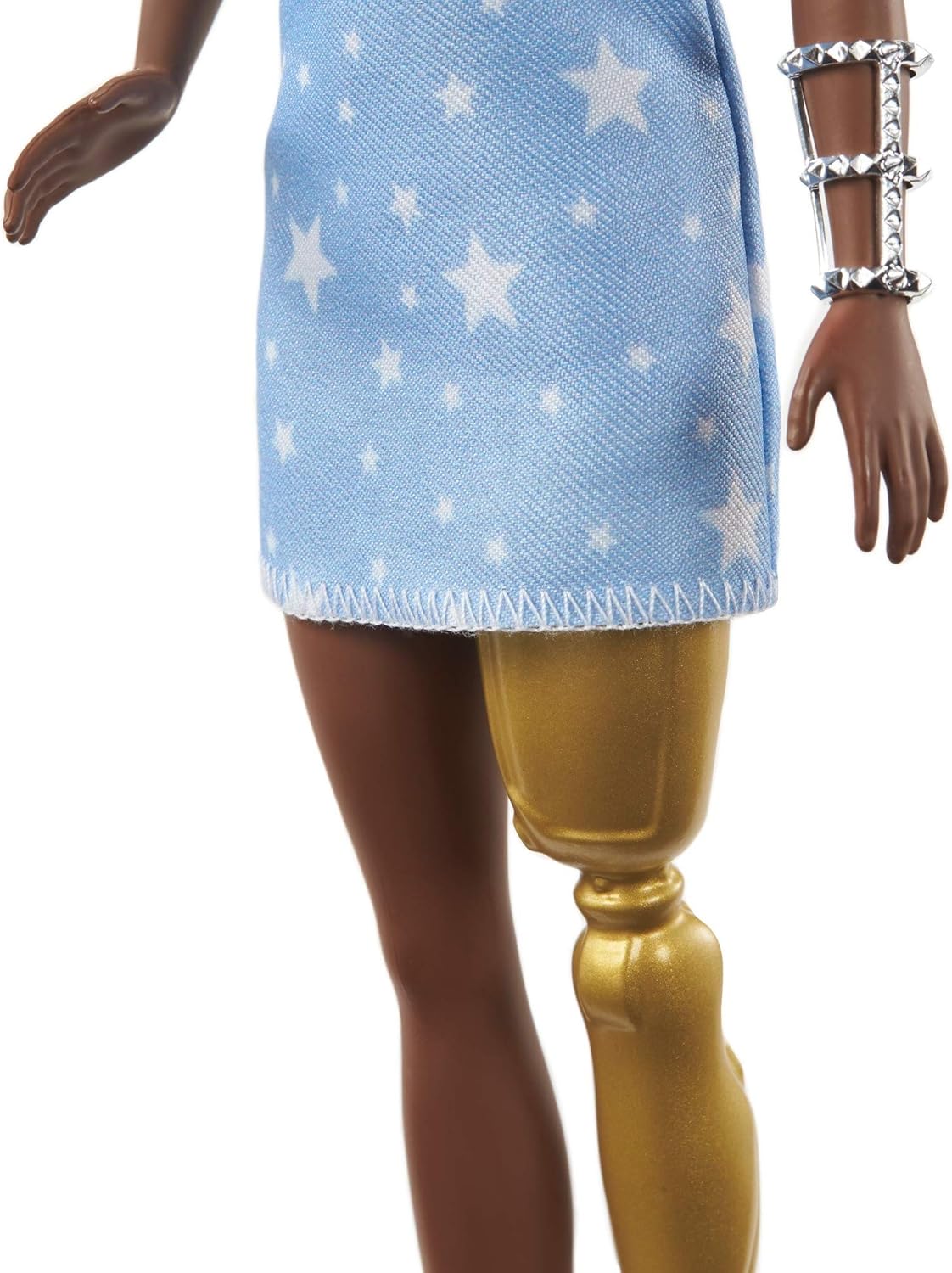 Barbie Fashionistas Doll #146 with 2 Twisted Braids & Prosthetic Leg Wearing Star-Print Dress, White Shoes & Arm Bracelet, Toy for Kids 3 to 8 Years Old