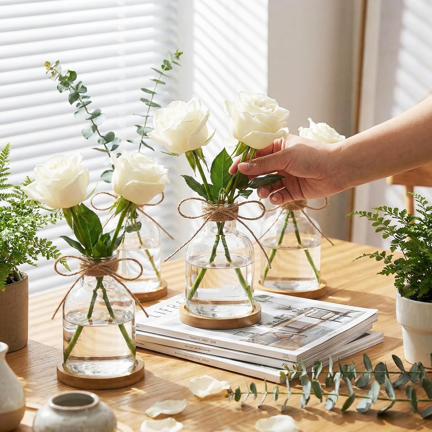 Baderke 12 Pack Small Plastic Bub Vases for Centerpieces with Bamboo Coaster Clear Desktop Plant Propagation Stations Vases for Flowers Rustic Wedding Home Centerpieces Arranging Bouquets(Oval Style)