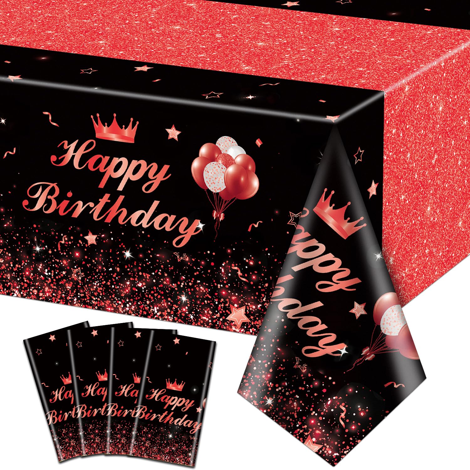 4 Pcs Happy Birthday Black and Red Party Tablecloths - Red Black Party Decorations Plastic Tablecloth Rectangular Table Covers for Boy Girl Baby Shower Birthday Table Supplies, 51 x 86.6 Inch