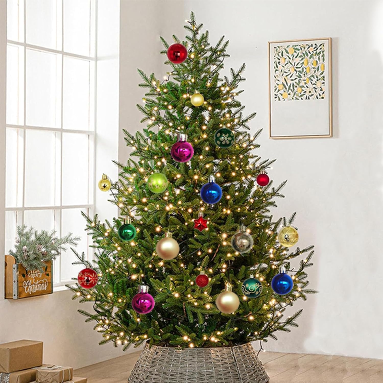 30 Pcs Multi Color Christmas Ball Ornaments,Big Shatterproof Christma Tree Decoration Balls Set,Multi Shape Plastic Hanging Ball Ornaments for Xmas Tree Decor,Red Green Gold Blue(Bright and Colorful)