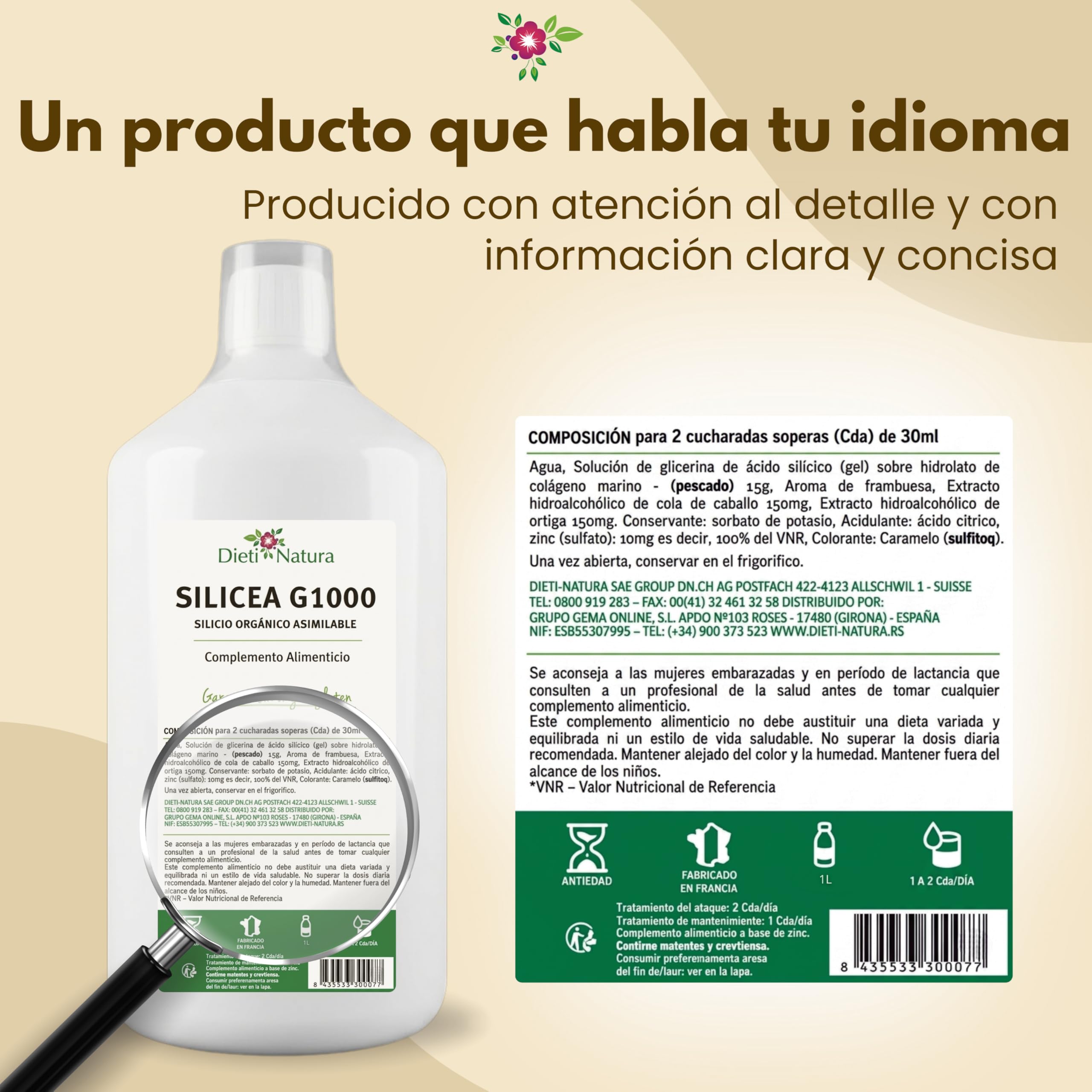 Dieti Natura Silicea G1000 1L Sabor Frambuesa para Articulaciones y Colágeno - Silicio Orgánico Bebible Alta Absorción para Huesos, Cartílago y Piel - Silicio Orgánico 100% Asimilable