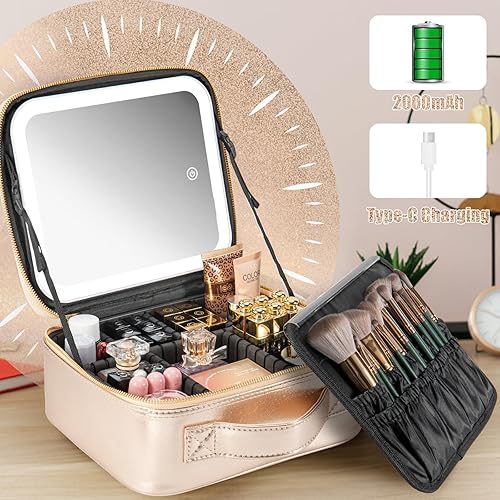 Vista 48 de Estuche de viaje de maquillaje con espejo luz LED 3 brillo ajustable, bolsa de cosméticos grande, almacenamiento portátil, partición ajustable, Roses