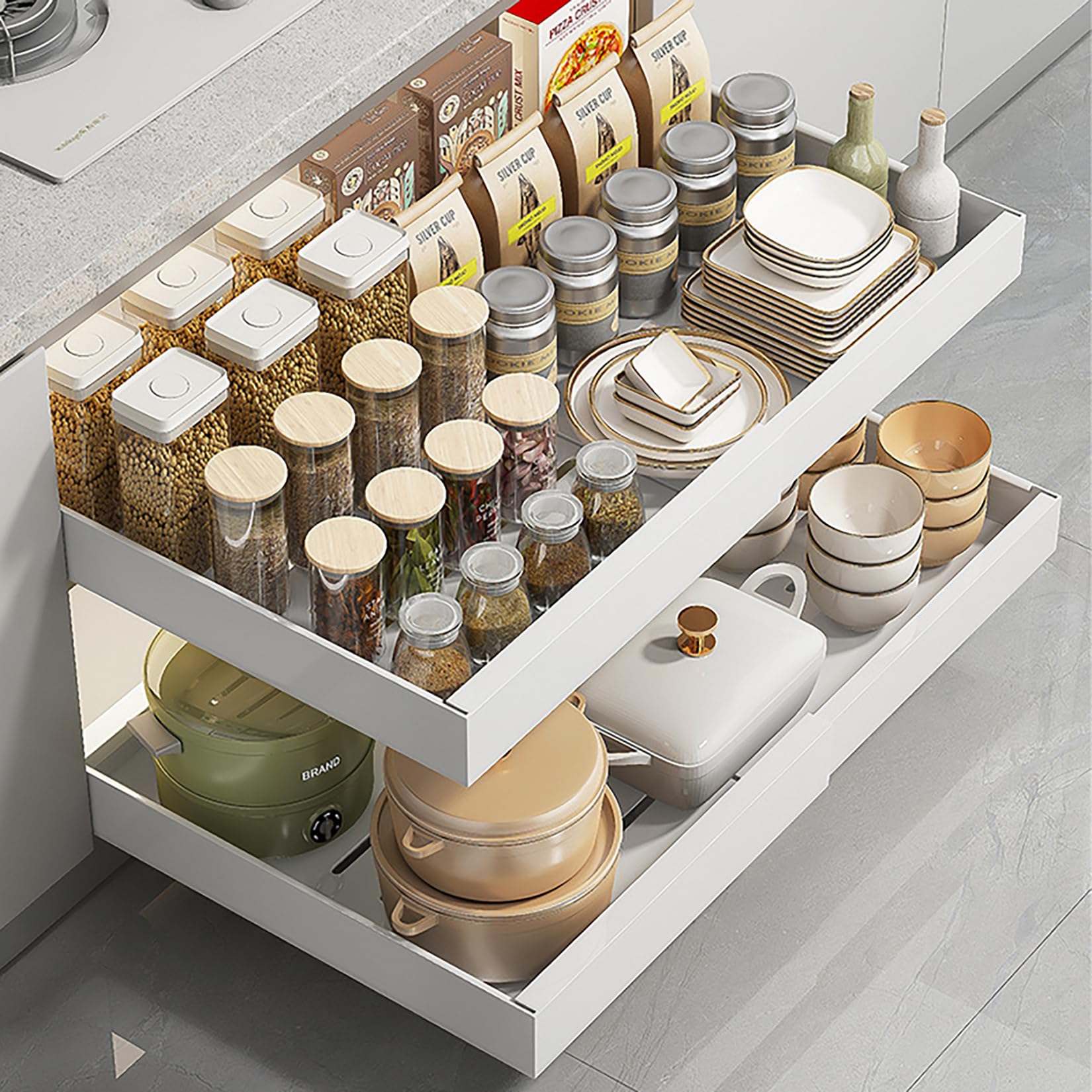 Lot de 2 tiroirs télescopiques pour armoires de cuisine, largeur réglable 32 à 52 cm, organiseur de placard de cuisine extensible avec fixation adhésive nano film, blancs (Paquet de 2 - Blanc)