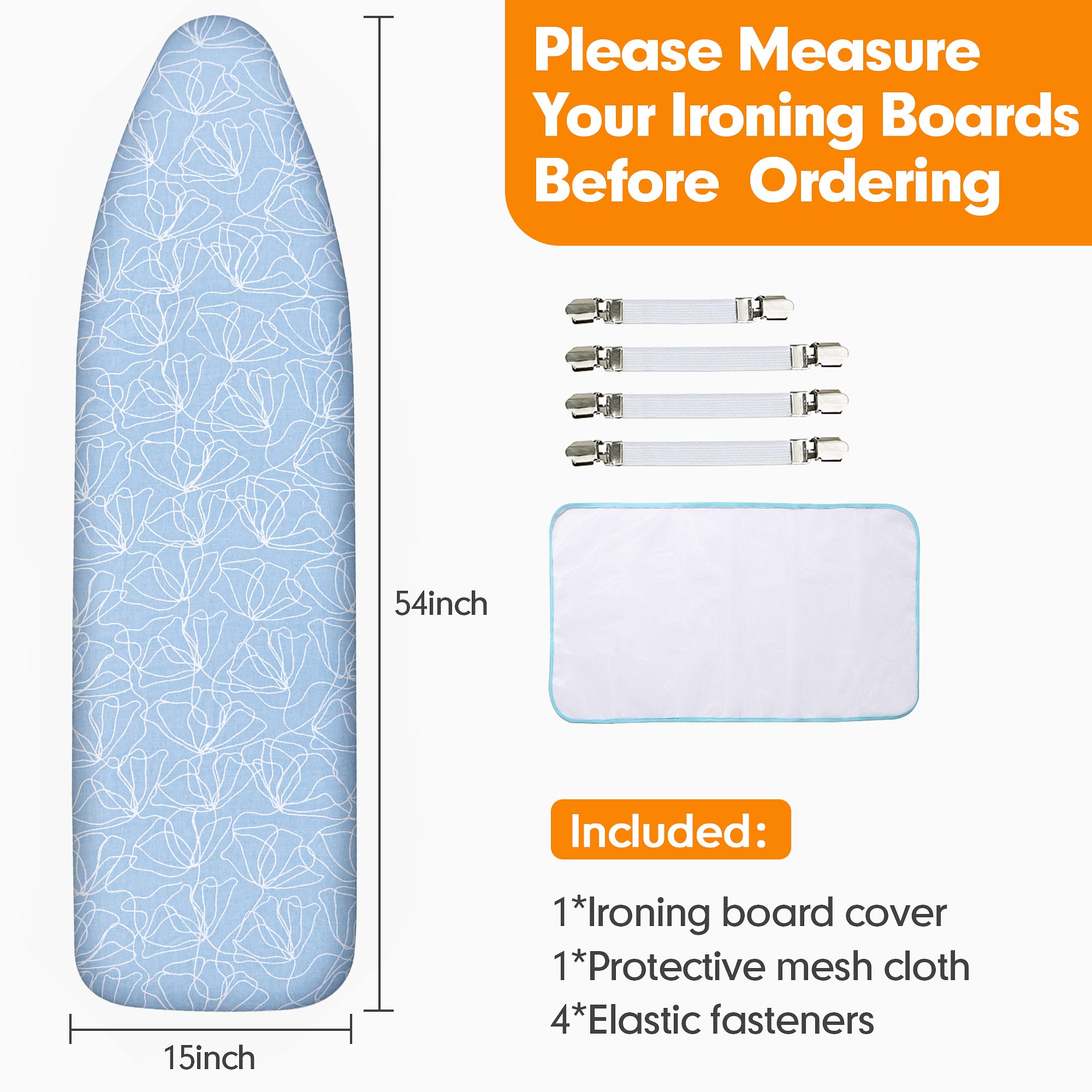 Dalykate Funda para tabla de planchar de 15 x 54 pulgadas con borde elástico y resistente a las quemaduras y a las manchas, acolchado grueso, 4 cierres y paño protector de malla