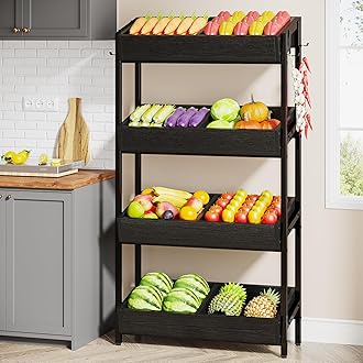 Tribesigns Wood Fruit and Vegetable Basket Stand Rack for Kitchen, Office, Store, Supremarket, Pantry Shelf Unit for Snacks, 4-Tier Wooden Utility Storage Shelves (Black)