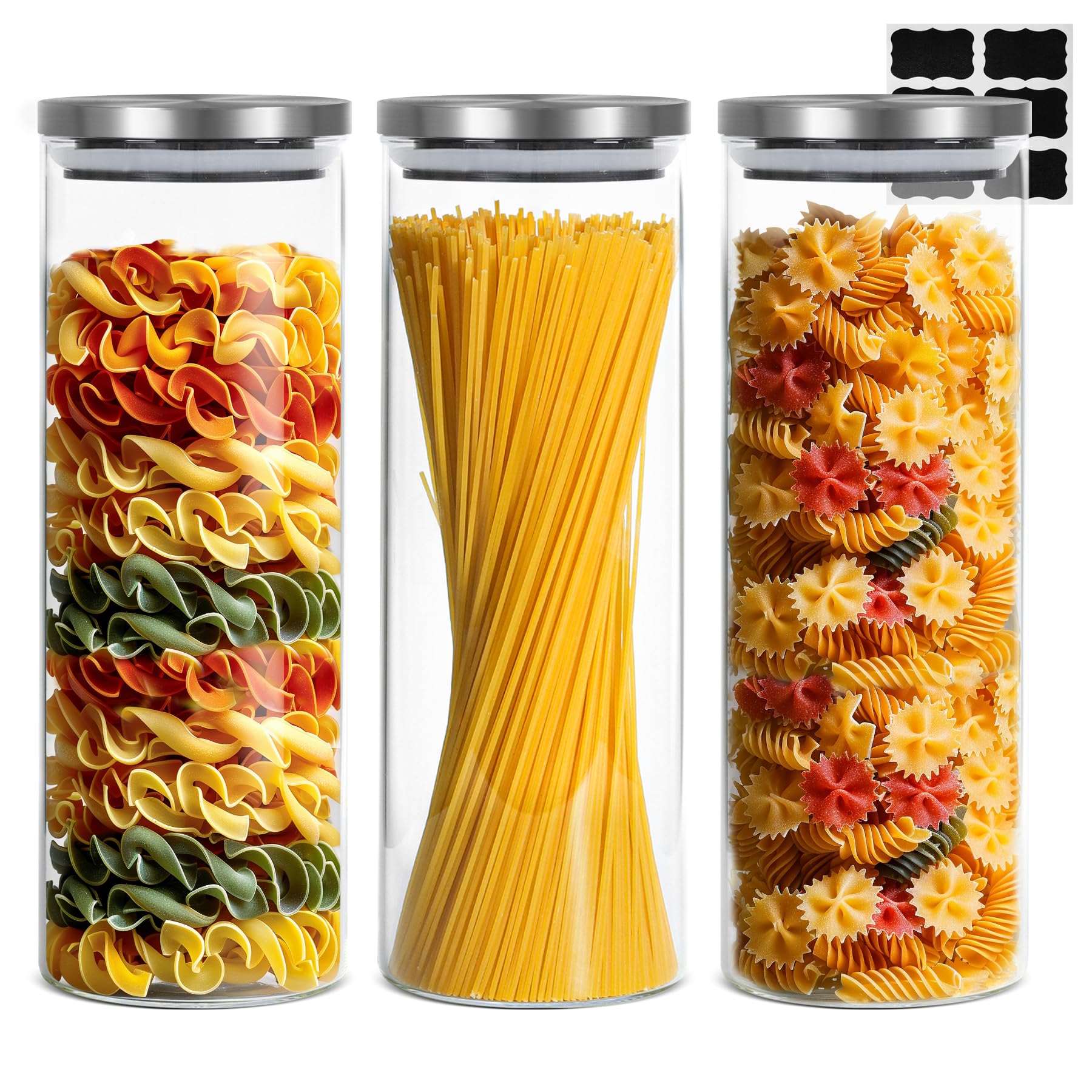 ComSaf Glass Food Storage Containers with Stainless Lids Set of 3, 70 OZ Clear Glass Jar with Airtight Lid, Tall Spaghetti Container, Glass Storage Jars for Pasta Rice Oats, Canister Set for Kitchen