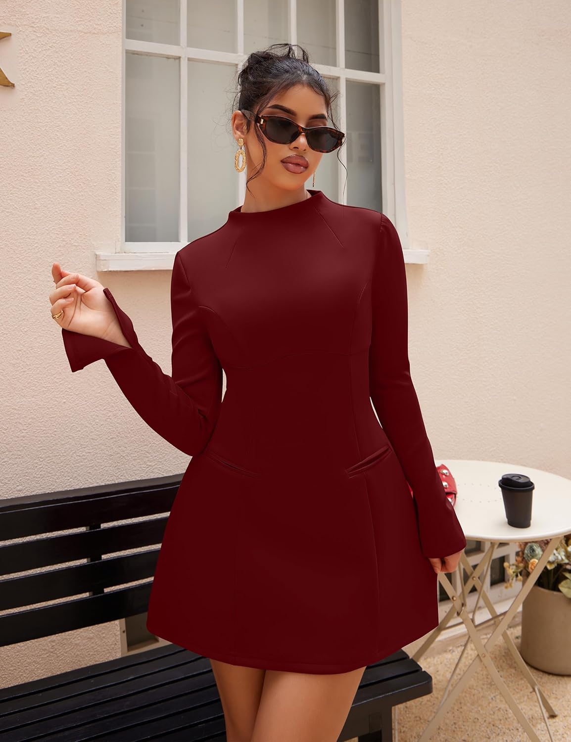 YMDUCH Women's Elegant Long Sleeve Mock Neck Backless A-line Party Mini Dress - Image 3