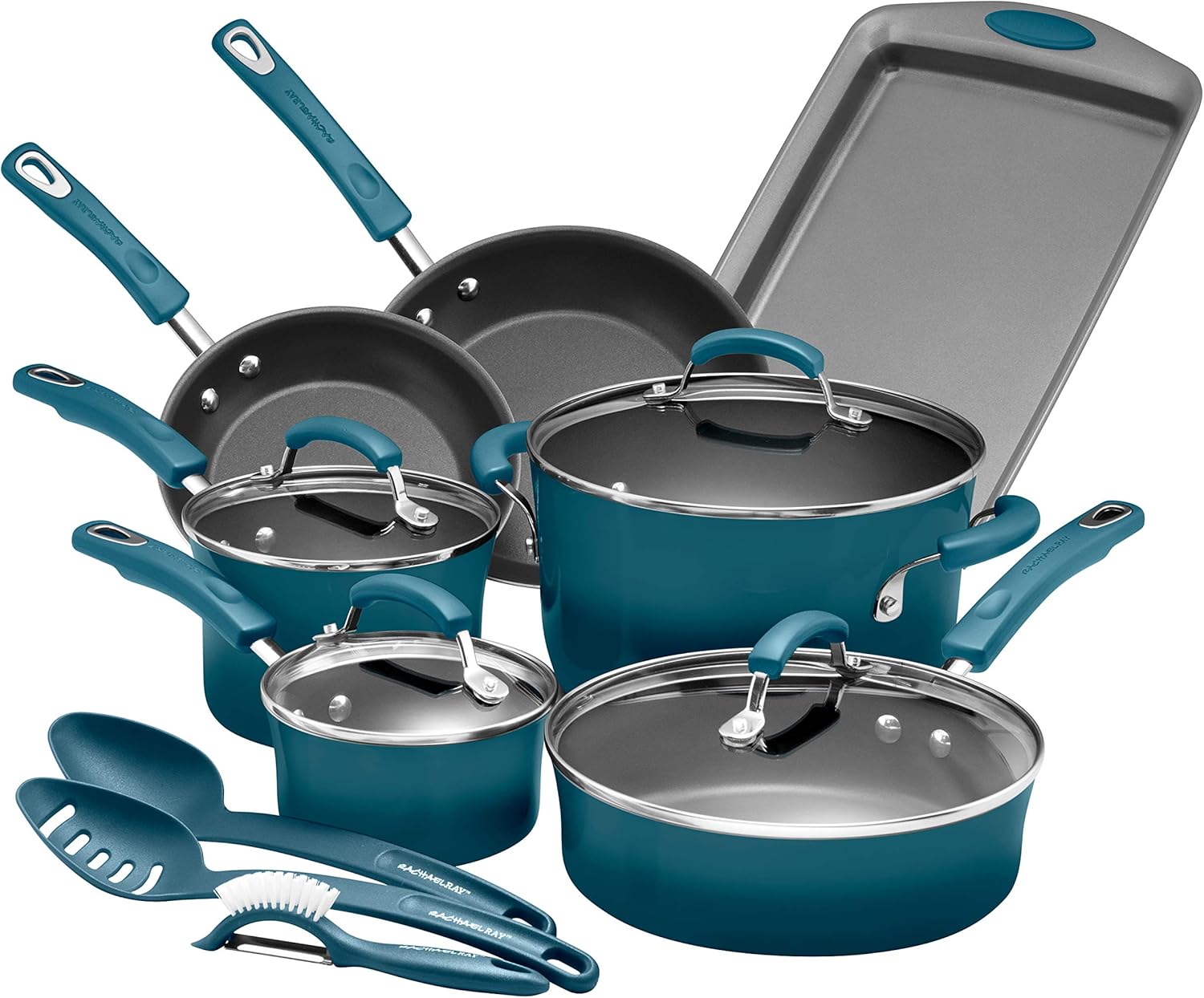 Rachael Ray Brights Nonstick Cookware Pots and Pans Set, 14 Piece, Marine Blue Gradient