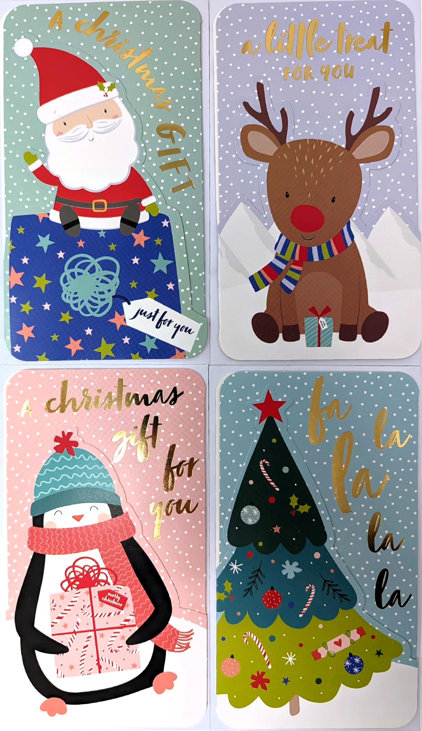 Portafogli Natalizi per Bambini con Buste – Lamina d'Oro Lucida – Simpatici Disegni Babbo Natale, Pinguino, Albero, Renna – Saluto Buon Natale – Confezione Ecologica