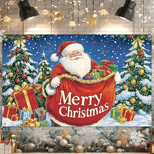 Cartel de Feliz Navidad de Papá Noel de 71 x 43 pulgadas, telón de fondo navideño con bolsa de regalo y árbol de Navidad para interiores y