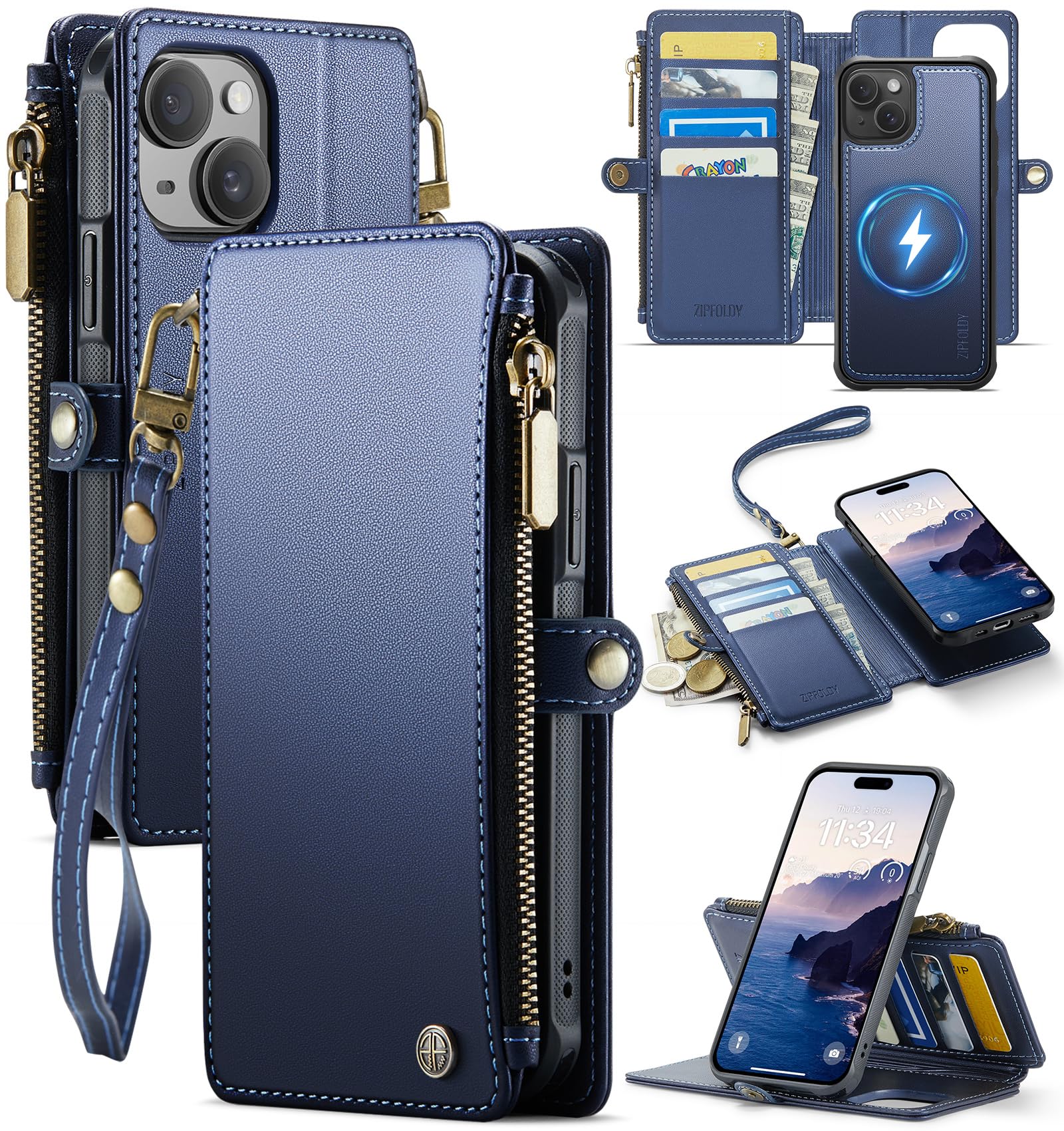 Funda magnética desmontable para iPhone 15, color azul marino | Compatible con Magsafe, tarjetero con bloqueo RFID, bolsillo con cremallera, pulsera, piel sintética duradera