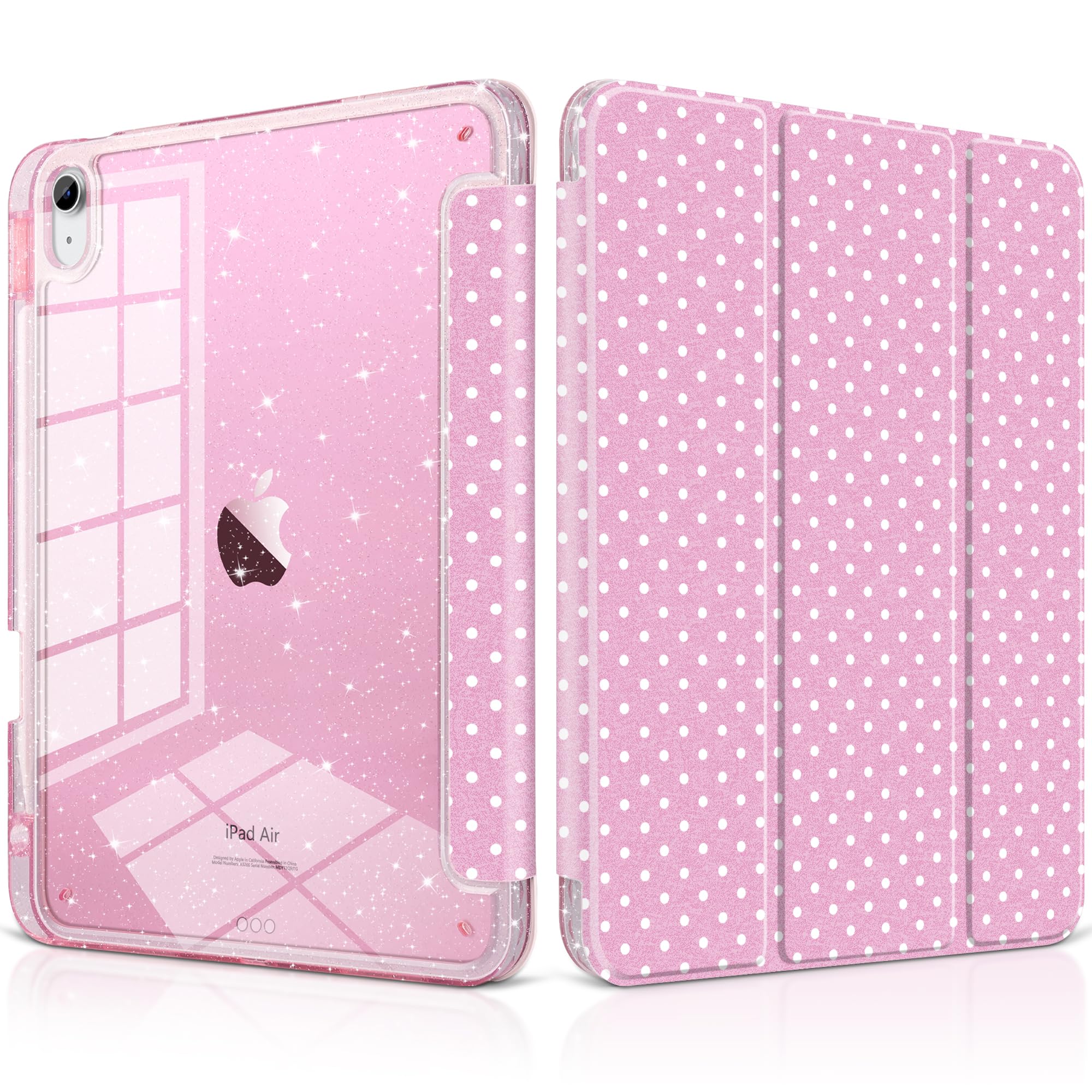 MEEgoodo Custodia per iPad Air 13" 2026 (M4) / 2025 (M3) / 2024 (M2), custodie per tablet glitterate con retro in acrilico trasparente + supporto a tre pieghe + portapenne, accensione e spegnimento
