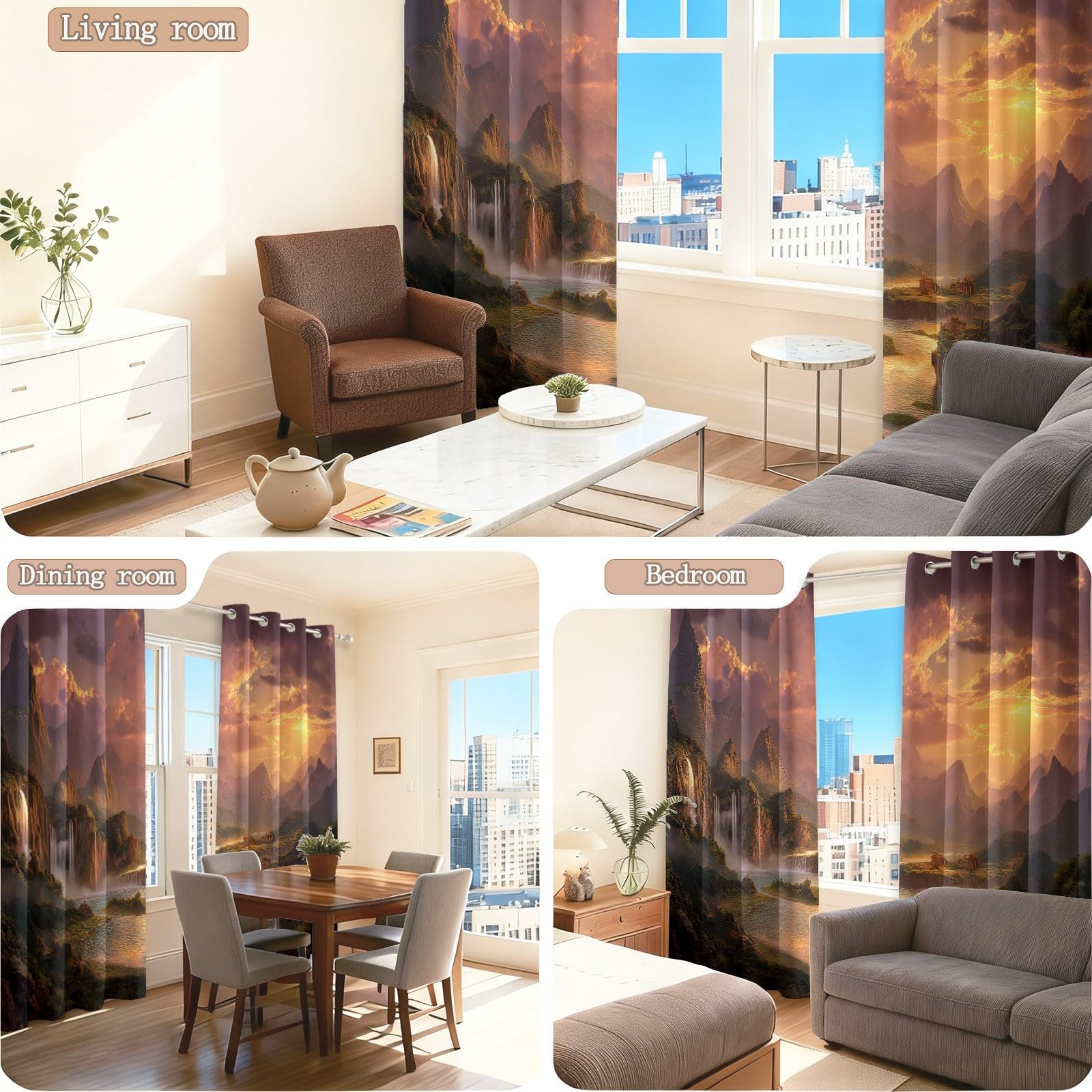 Générique Rideau Occultant, Paysage Onirique Motif Rideaux Thermiques à Oeillets, Cascade Rivière Nuages Rideaux Imprimé pour Salon Chambre Fenetre Décoration, 140 X 260 cm (LxH), Lot de 2