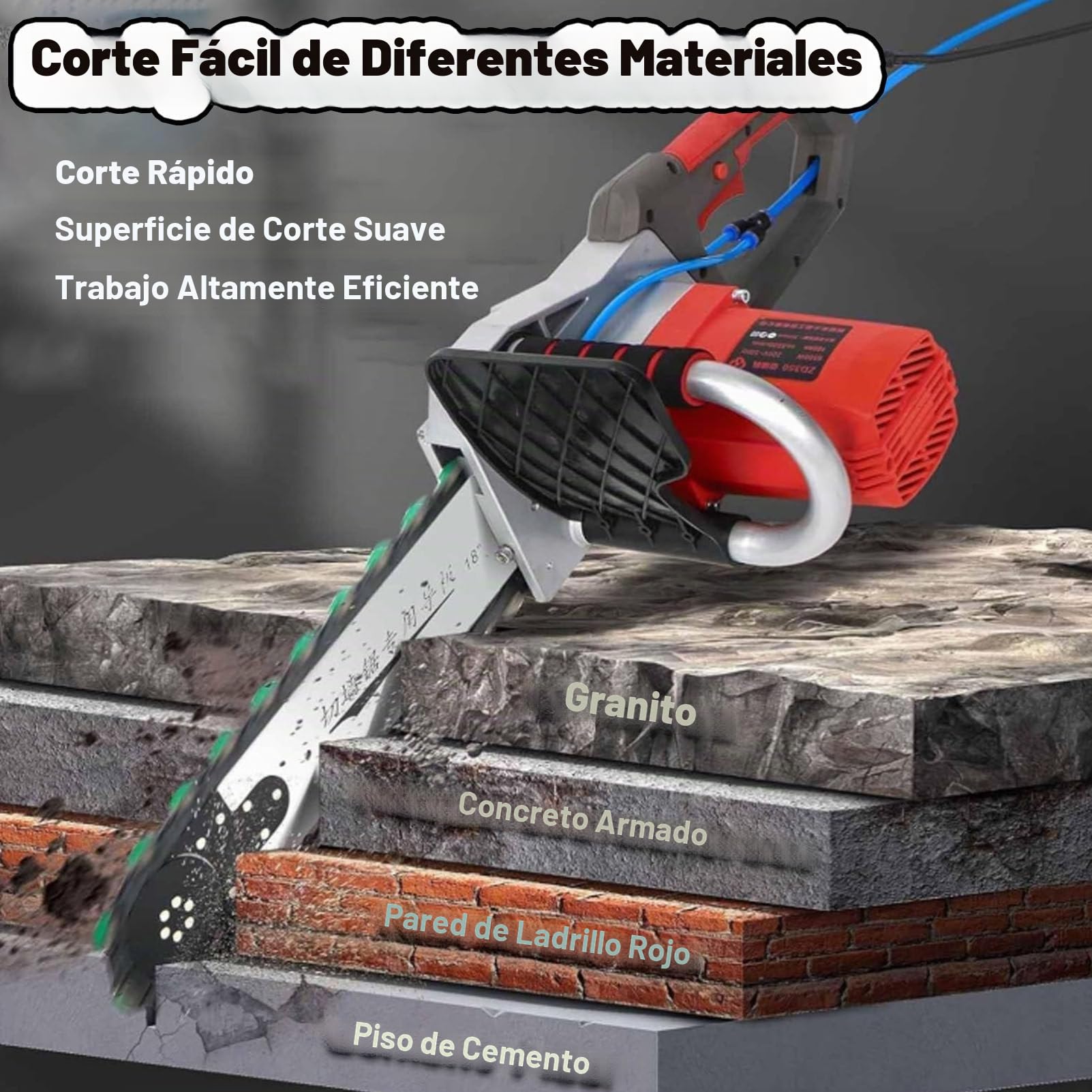 Motosierra de mano para cortar muros, cortadora de muros eléctrica de cadena diamantada para hormigón, con de supresión de polvo con alimentación de agua, 2 cadenas y 2 barras guía,480