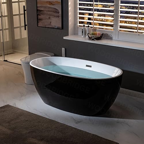 Miniatura 14 de WOODBRIDGE Bañera de acrílico independiente de 59 pulgadas, bañera negra de remojo contemporáneo con desbordamiento y drenaje negro mate, BTA1818-MB