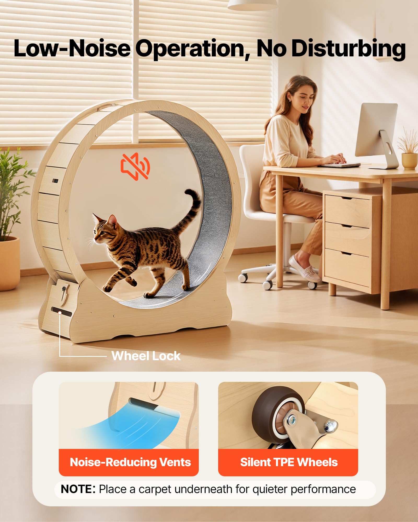 VEVOR Rueda de Ejercicio para Gatos, Diámetro Interior de 1080 mm, para Gatos de 8,6 a 12,7 kg, con Superficie de Alfombra y Mecanismo de Bloqueo, Ruedas Silenciosas de TPE, 1200 x 340 x 1275 mm