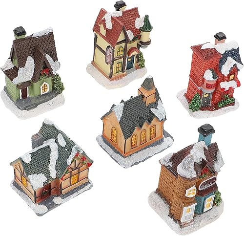Miniatura 6 de ABOOFAN Juego de 6 piezas de aldea de Navidad iluminadas con LED, casas de pueblo de Navidad preiluminadas, diminuta resina coleccionable, edificio