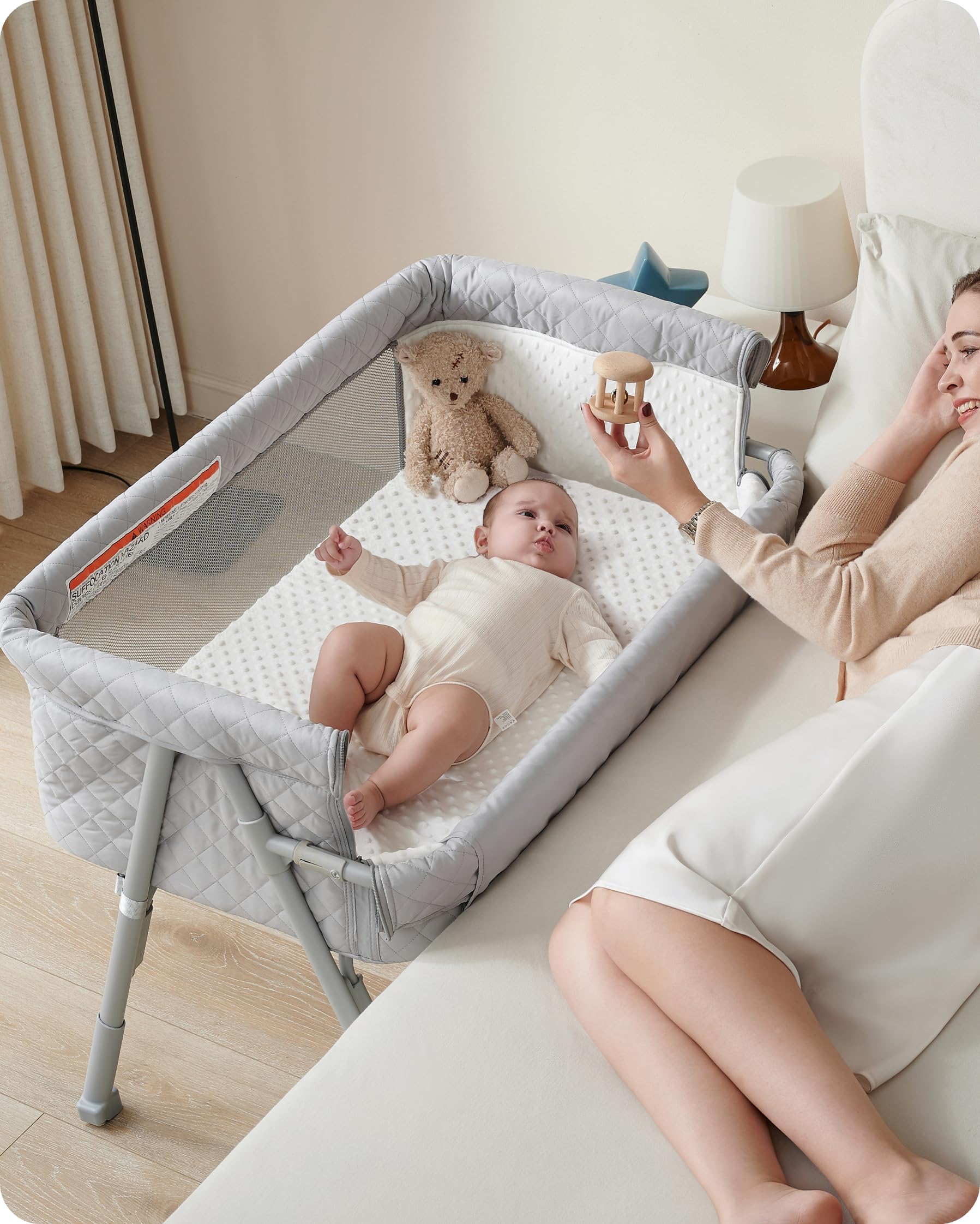 AirClub Bassinet Bedside Sleeper, Co-Sleeper Crib for Newborn, Bedside Crib Sleeper with 4 Auto-Lock & Adjustable Height, Breathable Mesh&Mattress