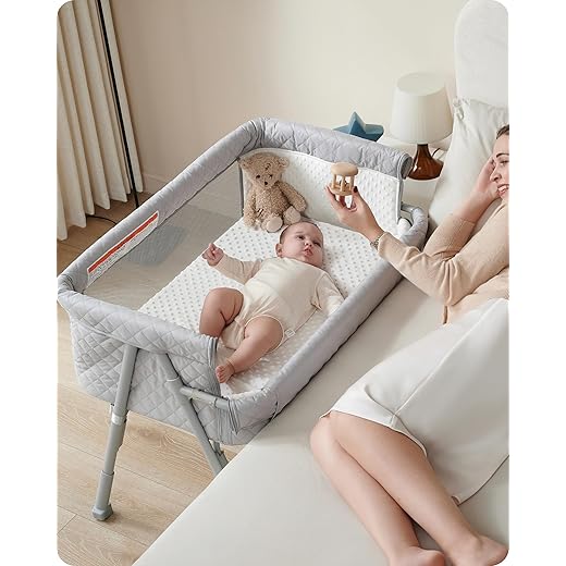 AirClub Bassinet Bedside Sleeper, Baby Crib for Newborn, Baby Bassinets Bedside Sleeper with 4 Auto-Lock & Adjustable Height, Breathable Mesh & Mattress, Bedside Bassinet