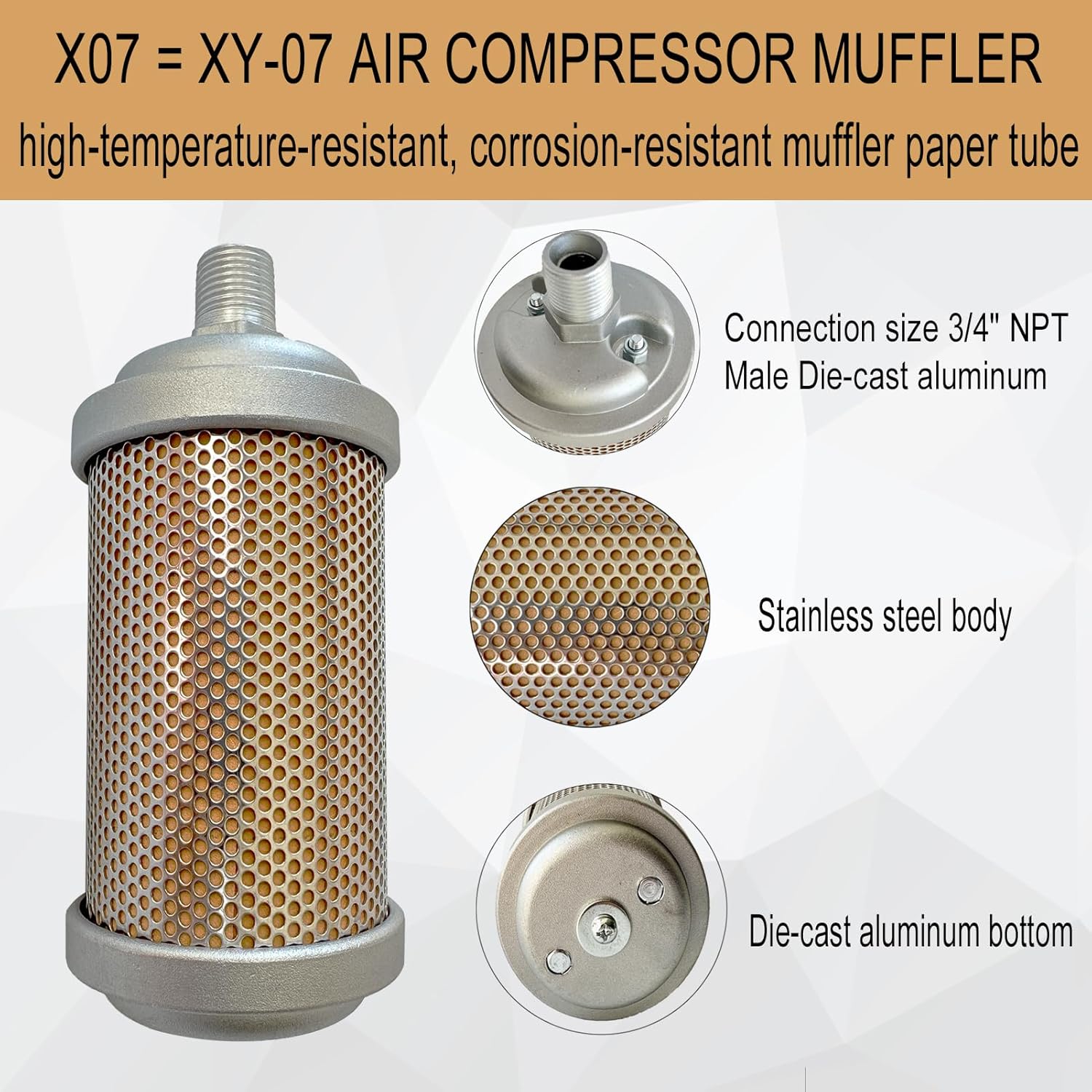 X07 XY-07 Air Compressor Muffler 3/4" NPT Male, Air Exhaust Muffler Silencer for Compressor Dryer Compressed Air Equipment Systems, Single Chamber 145 PSI, Replacement for 0375007 3071392 35370956