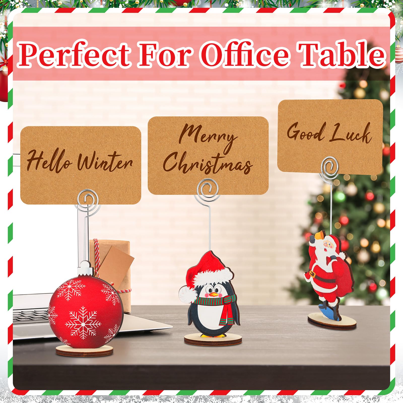 Funnymoom 20 Pcs Christmas Wood Place Card Holders Stand Display and 20 Pcs Kraft Place Cards Santa Snowman Elk Star Number Name Photo Picture Clip Holder for Xmas Party Table Decoration(Christmas)