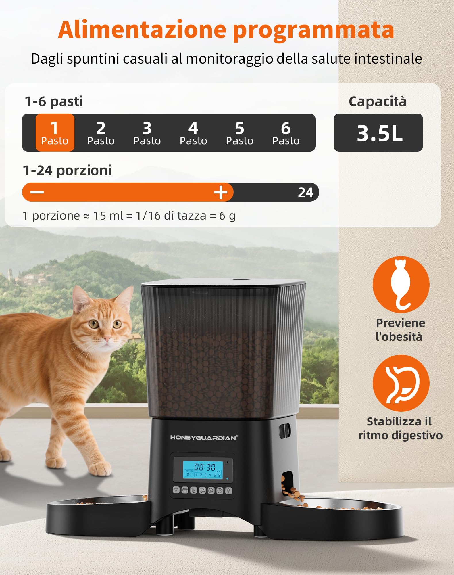 HoneyGuaridan Distributore Automatico Cibo Gatti con Programmable Timer | 3.5L dispenser crocchette gatto, 2 ciotole in acciaio inox 304 e 2 ciotole slow feed, 1-6 pasti/giorno, 1-24 porzioni/pasto