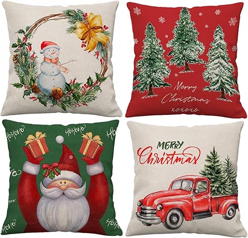 Juego de 4 fundas de almohada de Navidad de 18 x 18 pulgadas, fundas de almohada rojas para árbol de Navidad, camión, Papá Noel, decoración de