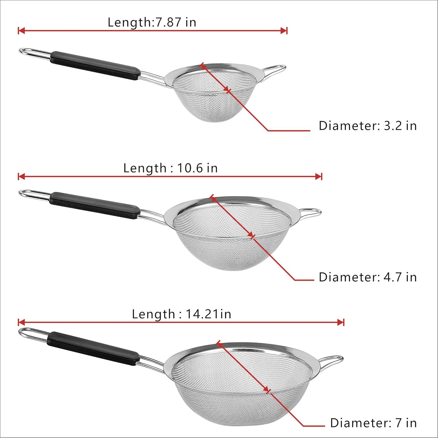 ZESPROKA Stainless Steel Fine Mesh Strainers Set of 3–Large, Medium & Small Sifters with Comfortable & Non Slip Handles – Ideal for Pasta, Rice, Quinoa, Baking, Black, 14” 11” 8”, (ZA01)
