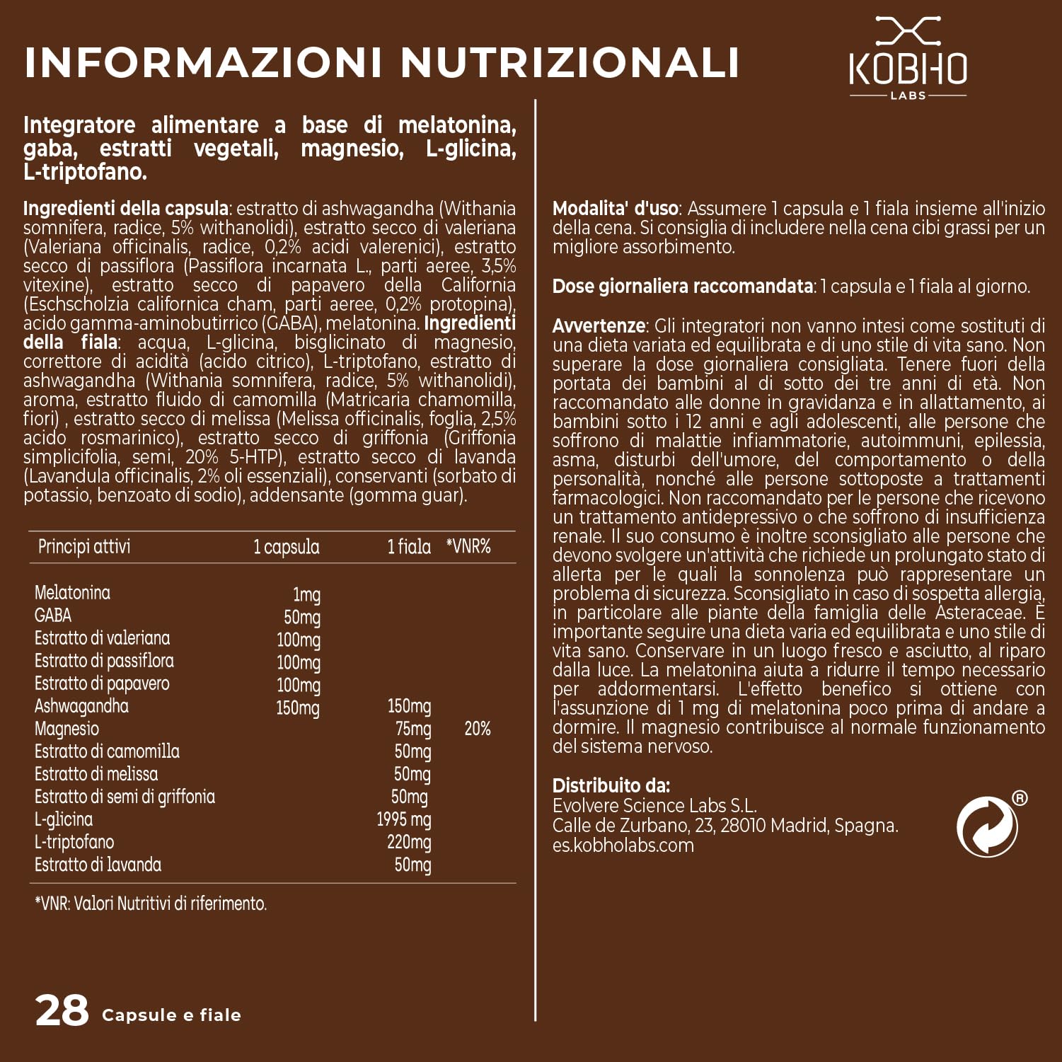 NEURO SLEEP - Integratore Vegano con Melatonina, Ashwagandha KSM-66 e 7 Estratti Naturali - Integratore per Dormire Meglio, Memoria, Anti-Stress, Focus - 28 Capsule + Fiale - Fatto in EU