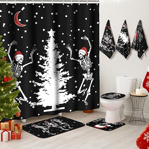 Newwiee Juego de 7 piezas de cortina de ducha de Navidad, cortina de ducha antideslizante, alfombras y toallas de cocina, 3 accesorios de decoración