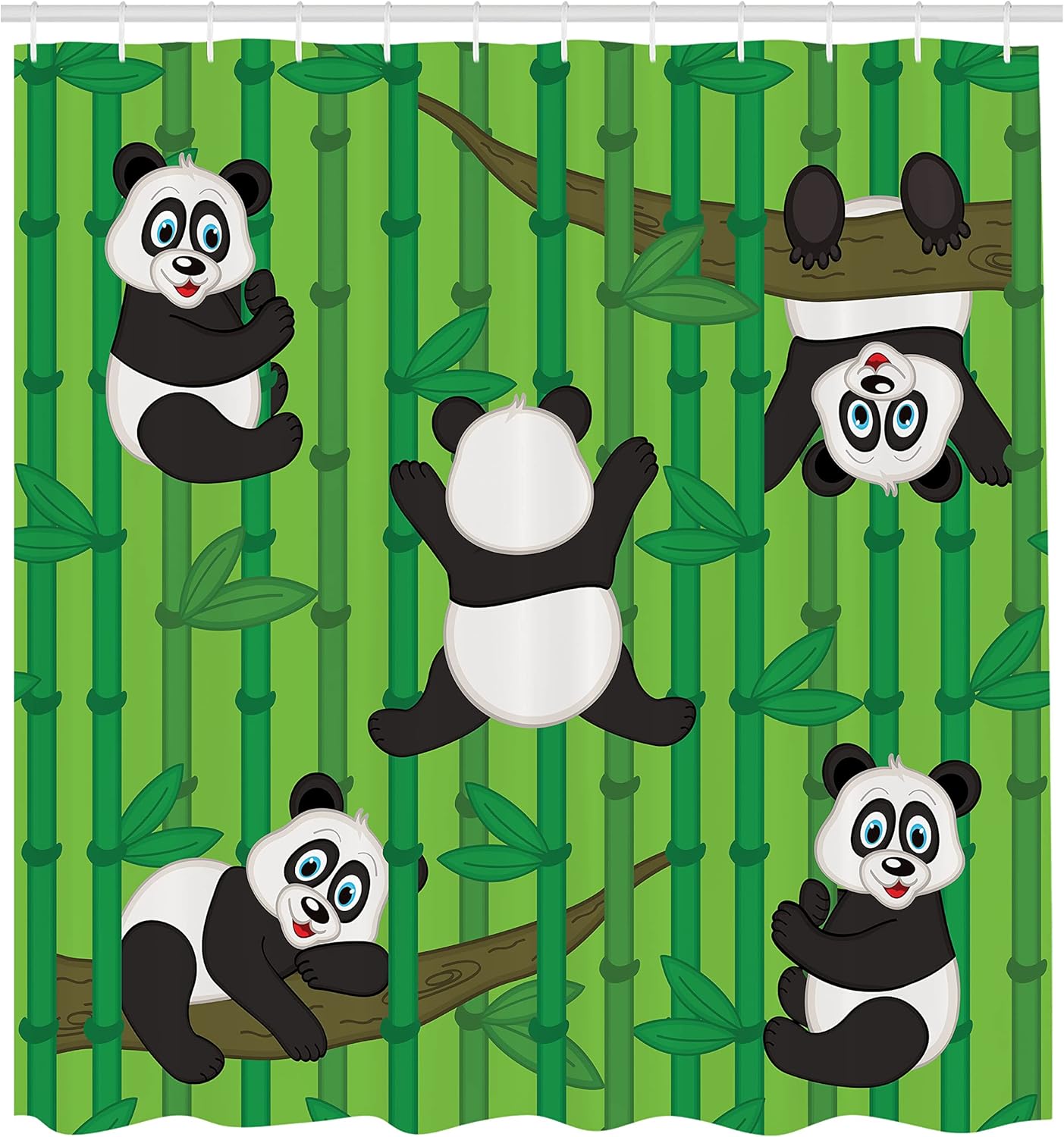 Ambesonne Panda Shower Curtain, Happy Playful Pandas Climbing on Exotic Trees in Forest Cartoon Artwork, Cloth Fabric Bathroom Decor Set with Hooks, 69" W x 75" L, White Black and Green