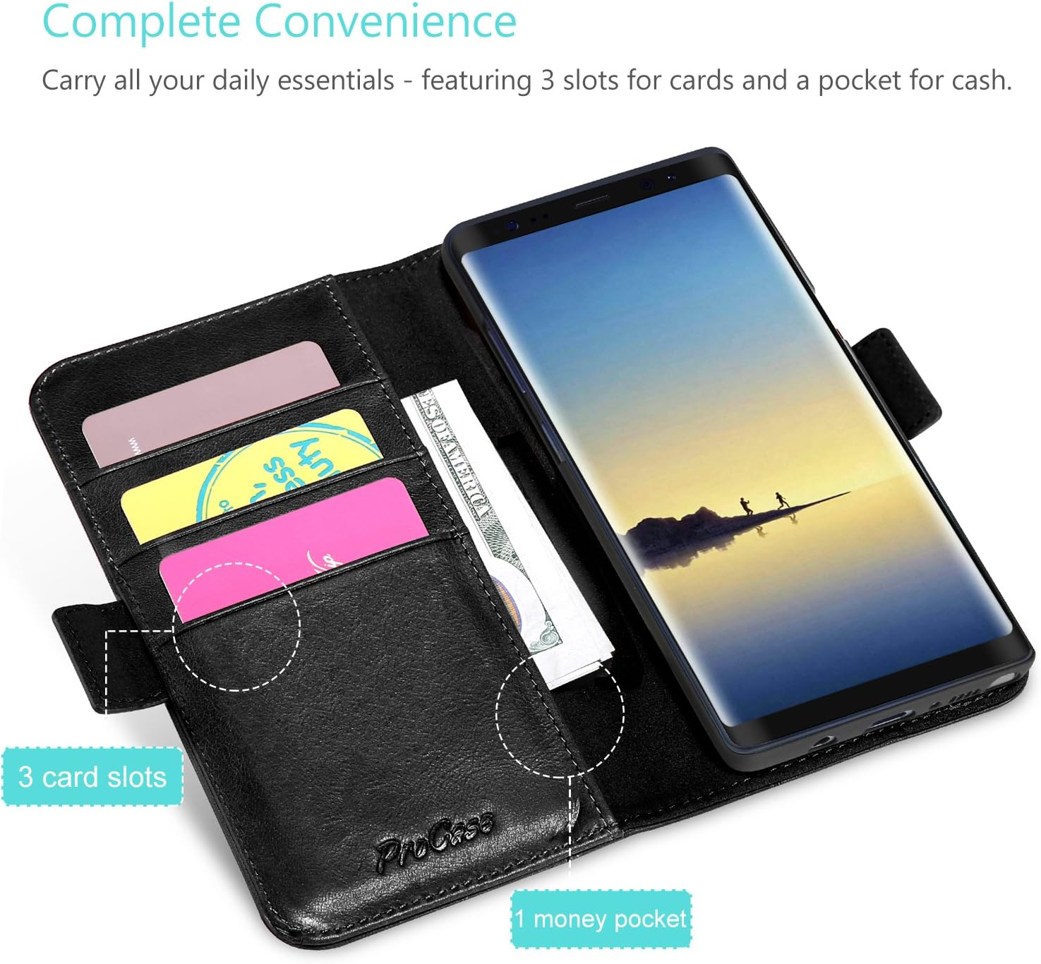 ProCase Galaxy Note 8 Genuine Leather Case, Vintage Wallet Folding Flip Case with Kickstand Card Slots Magnetic Closure Protective Cover for Galaxy Note8 -Black