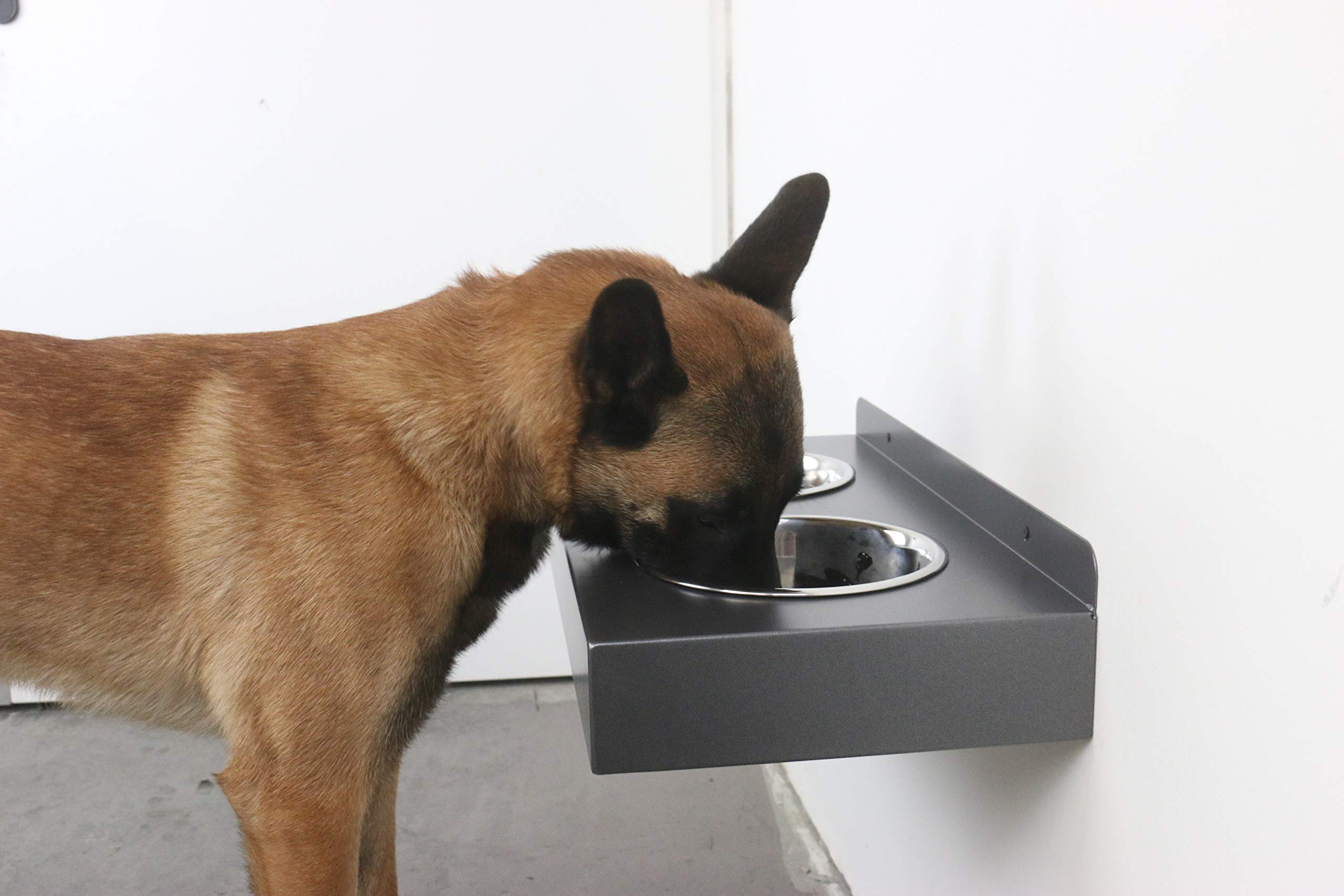 Elegante comedero colgante para perros para la pared de metal con 2 comederos de acero inoxidable (gris titanio)