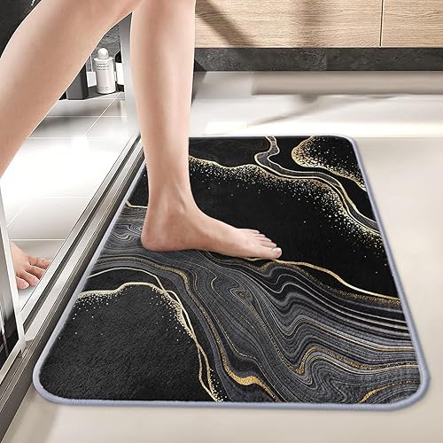 Tapete de baño de imitación de cachemira de mármol, 17 x 30 pulgadas, tapete decorativo de mármol negro, parte trasera de goma antideslizante y