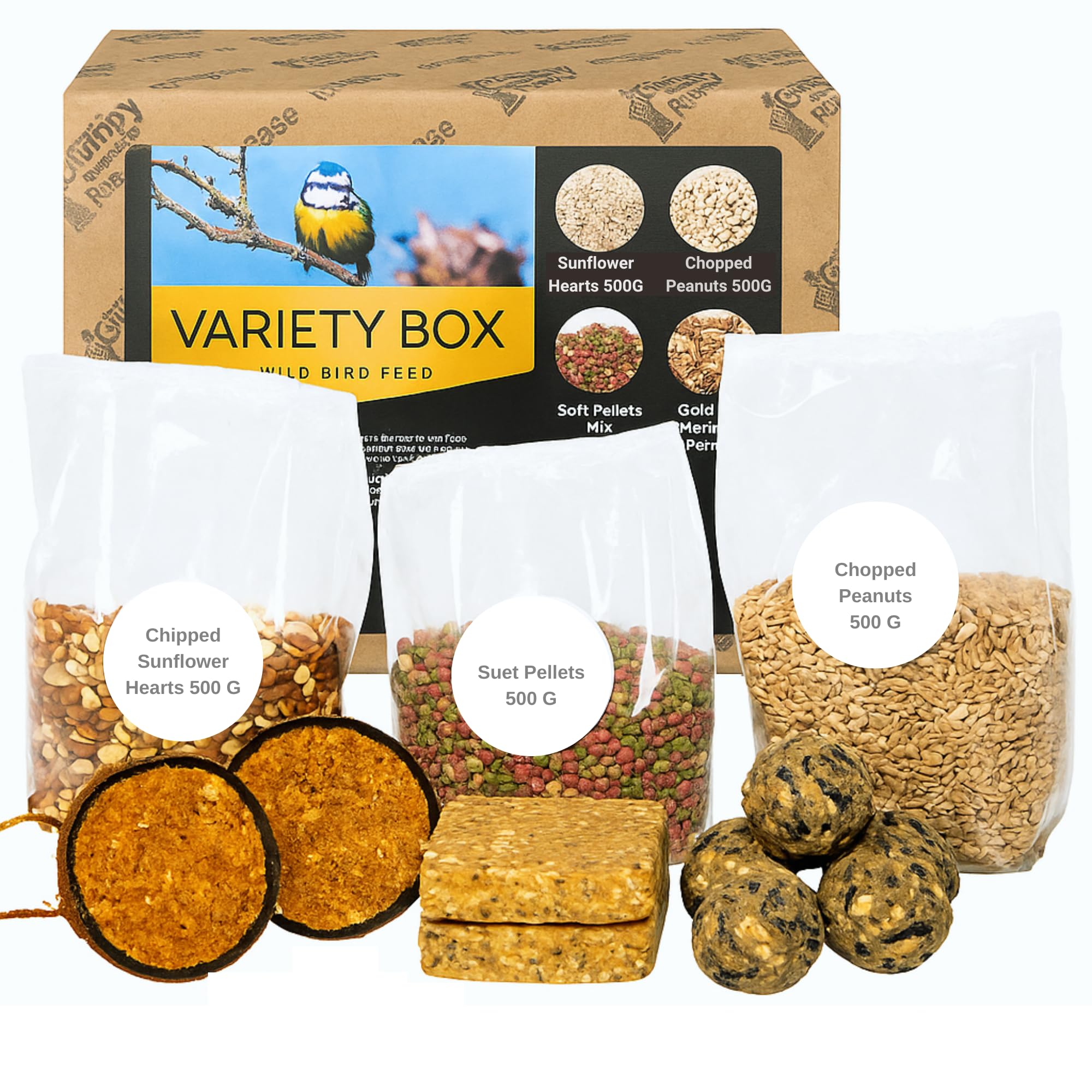 Grumpy Gardener Wild Bird Food Variety Box – Fat Balls, Suet Pellets, Bird Peanuts, Sunflower Hearts, Suet Cakes & Nutpecker Coconuts | High-Protein Energy Feed (3 Kg)