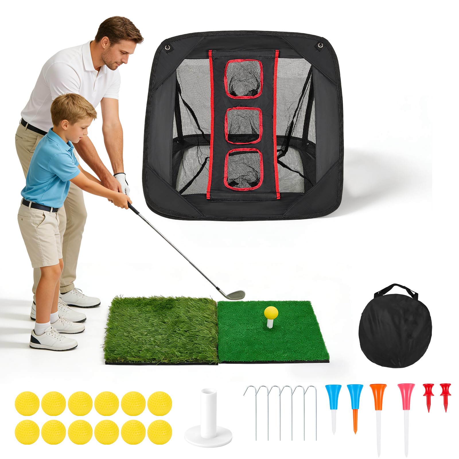 Pop Up Golf Practice Net, Golf Chipping Net with 2 Hitting Mats, 12 Practice Balls, 7 Tees, Carry Bag and Accessories for Backyard Indoor Outdoor Practise & Play