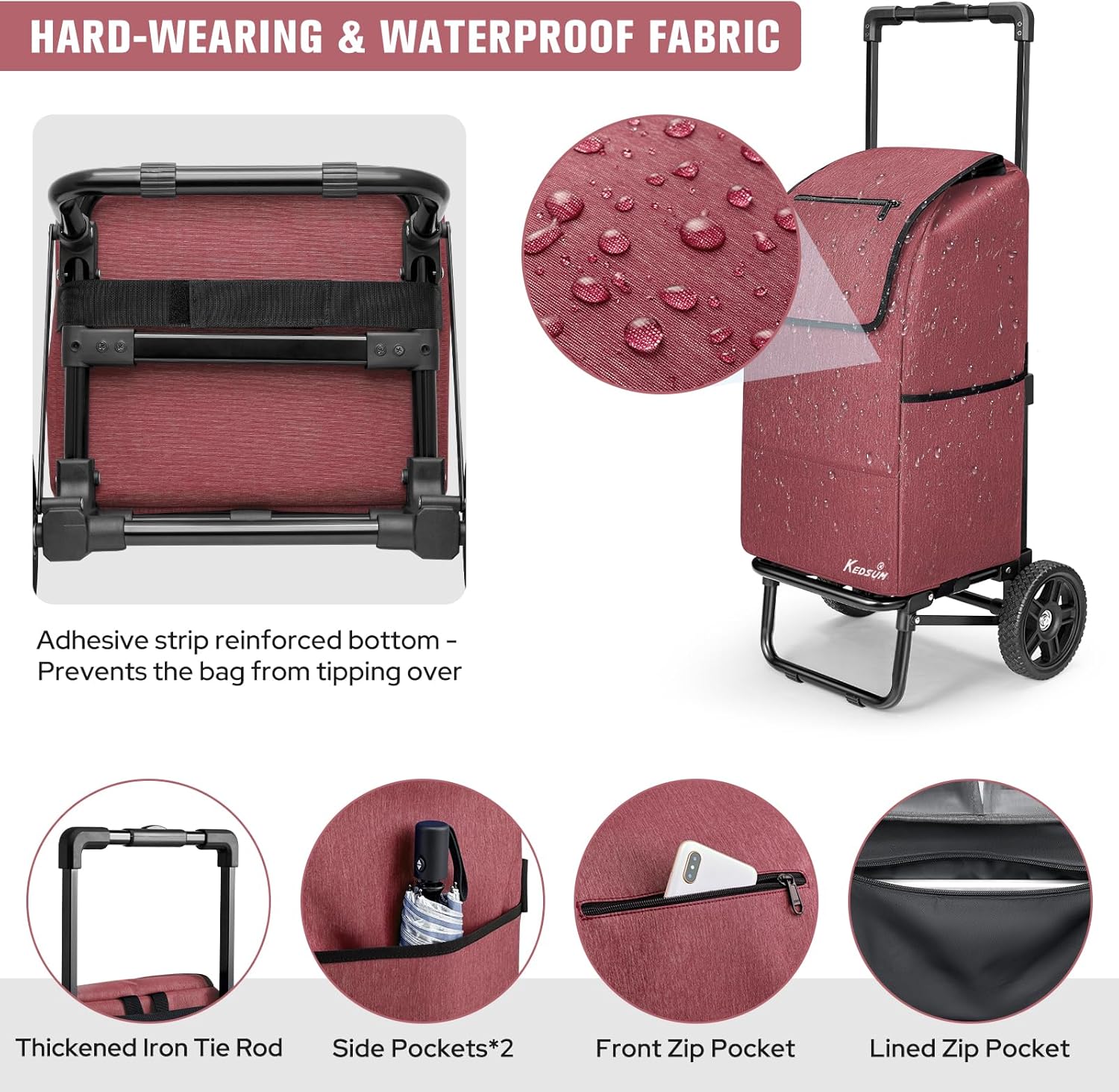 KEDSUM 2 in 1 Shopping Carts for Groceries, 330 lbs Grocery Cart on Wheels, Foldable Utility Carts with Wheels, Load-Bearing Hand Truck with Waterproof Bag for Shopping, Camping, Laundry, Garden, Red
